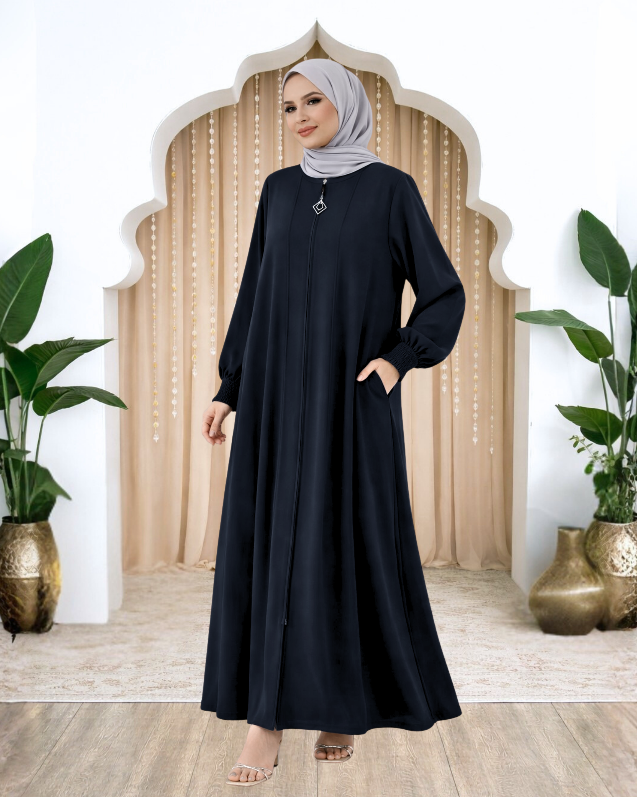 Seval Kolu Büzgülü Parçalı FeraceAMH1150-SiyahAmine Hüma