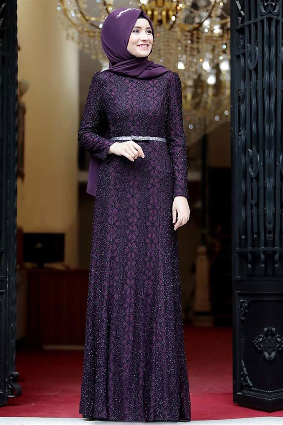 Evening Dress - Lace - Full Lined - High Collar - Plum - AMH119