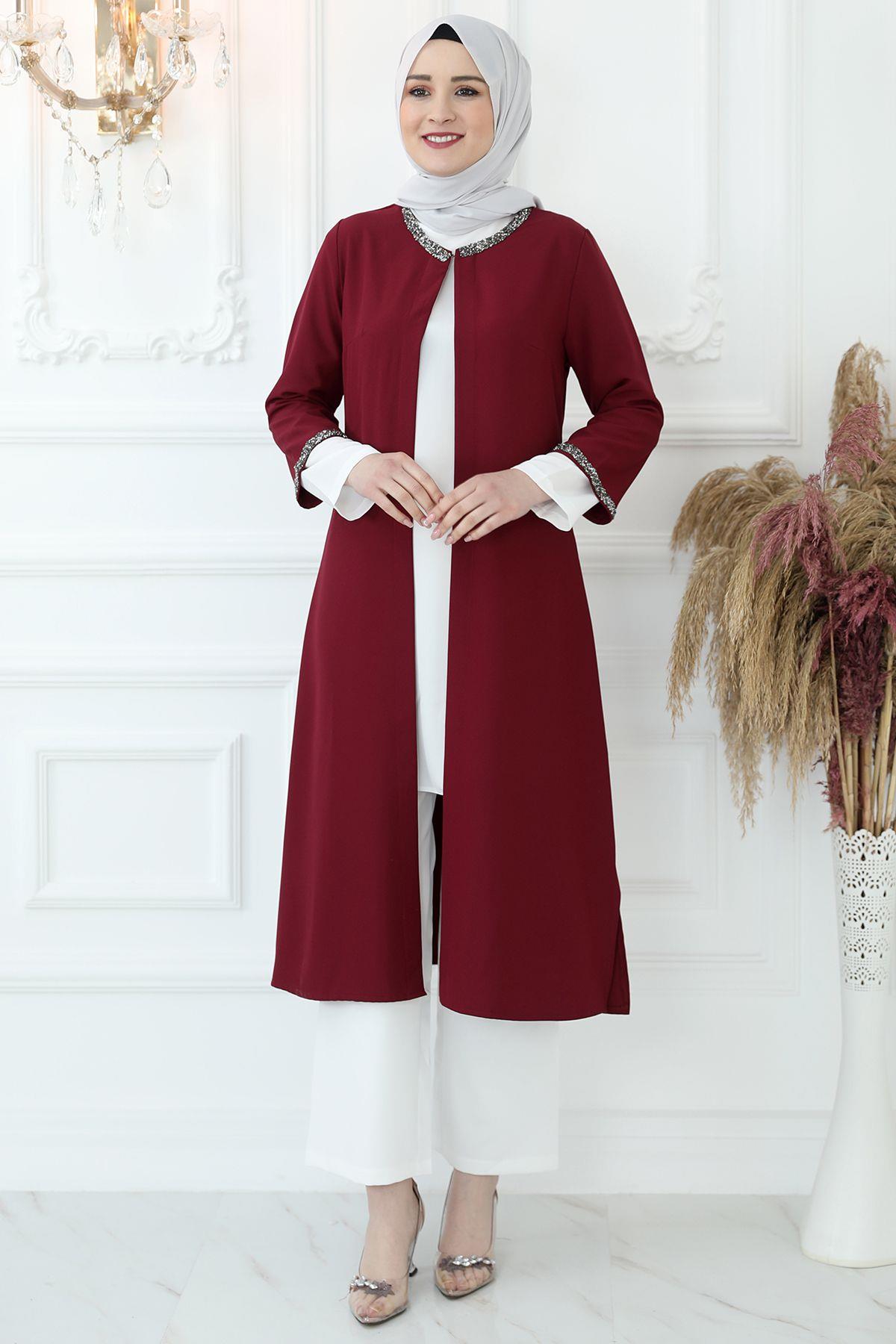 Jacket - Tunic - Pants - 3 Piece Suit - Crepe - Unlined - Crew Neck - Claret Red - AMH122AMH122-BORDOAmine Hüma