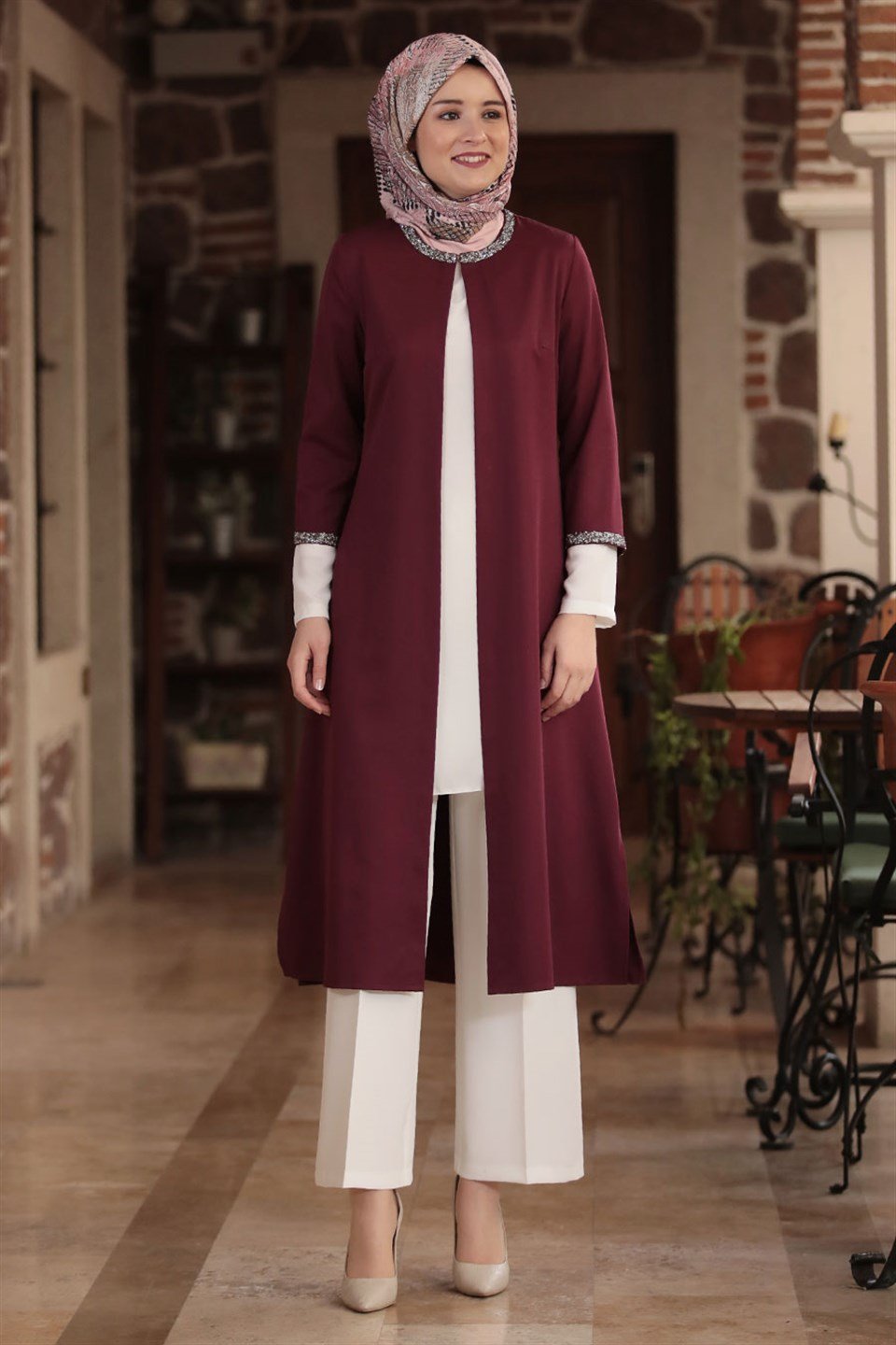 Veste Tunique Pantalon Ensemble 3 er Set Crepe Sans Doublure Ras du Cou Prune AMH122