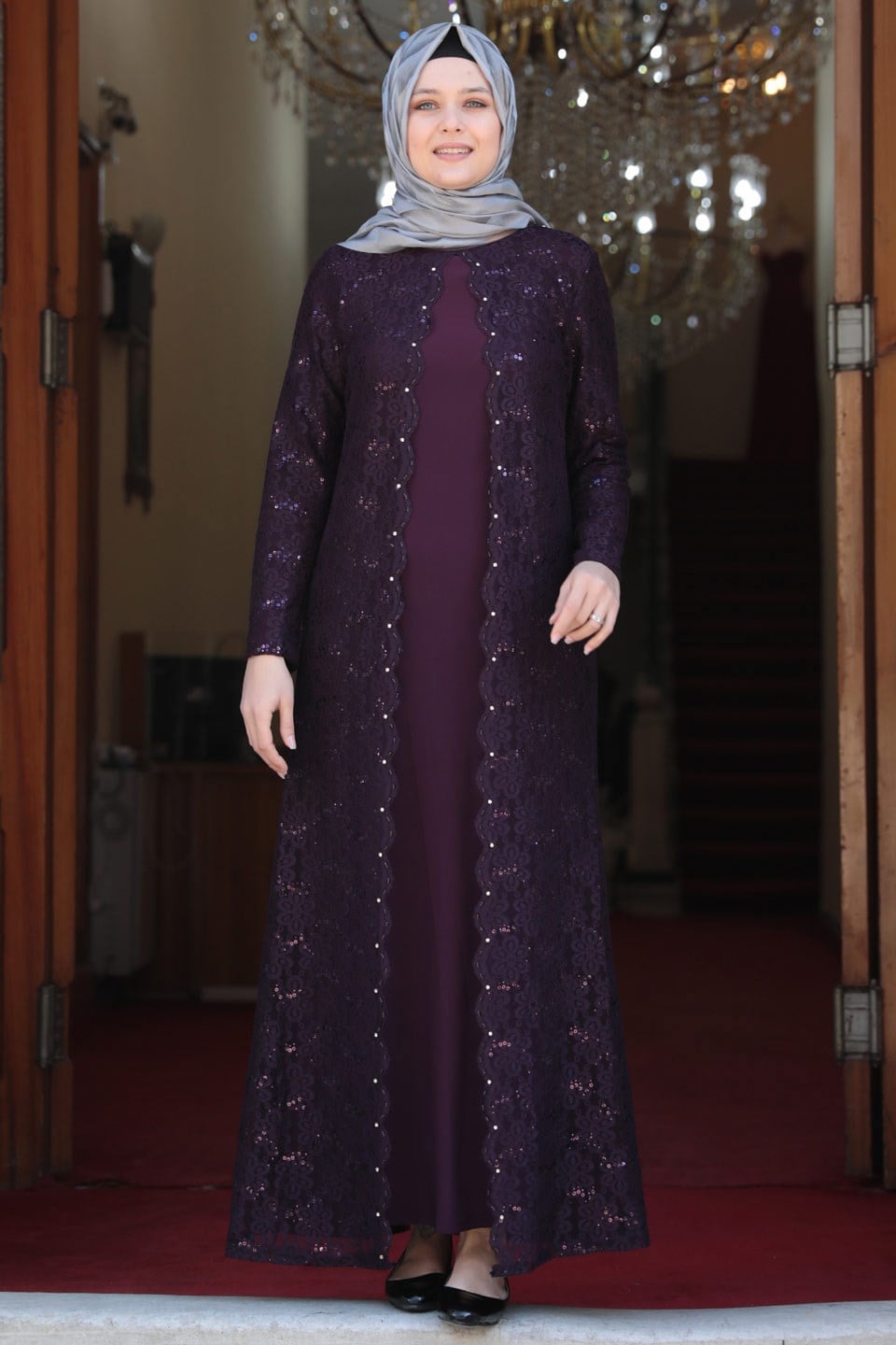 Evening Dress - Lycra - Unlined - Crew Neck - Purple - AMH502