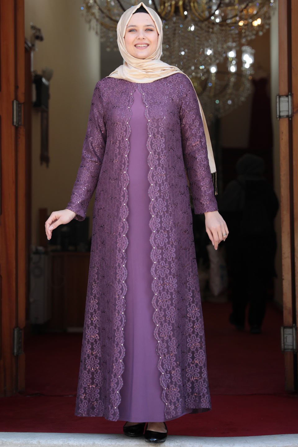 Evening Dress - Lycra - Unlined - Crew Neck - Plum - AMH502