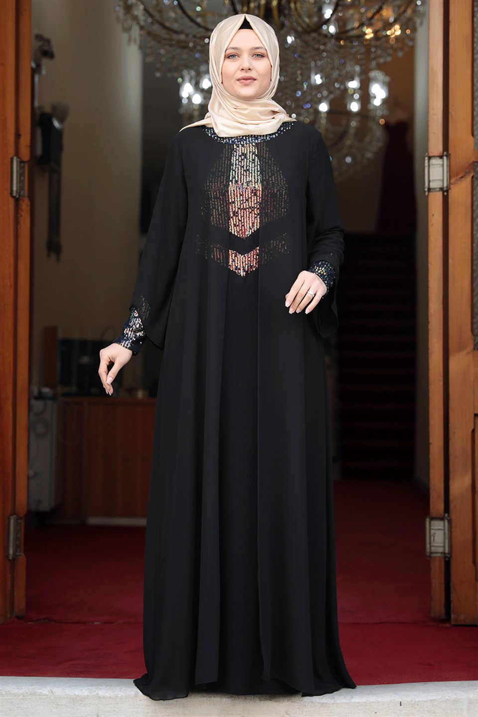 Evening Dress - Lycra - Unlined - Crew Neck - Black  - AMH505