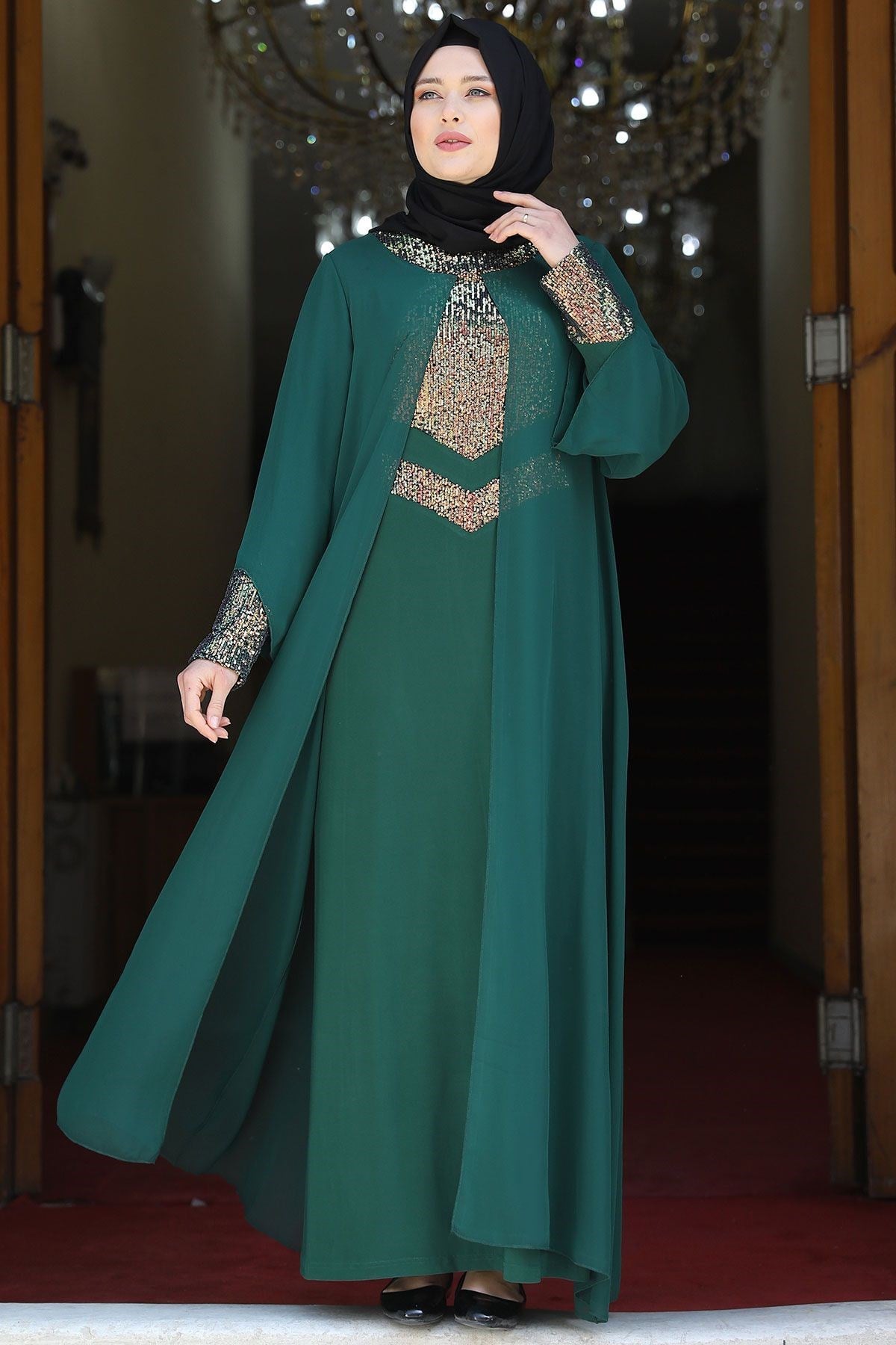 Evening Dress - Lycra - Unlined - Crew Neck - Emerald  - AMH505