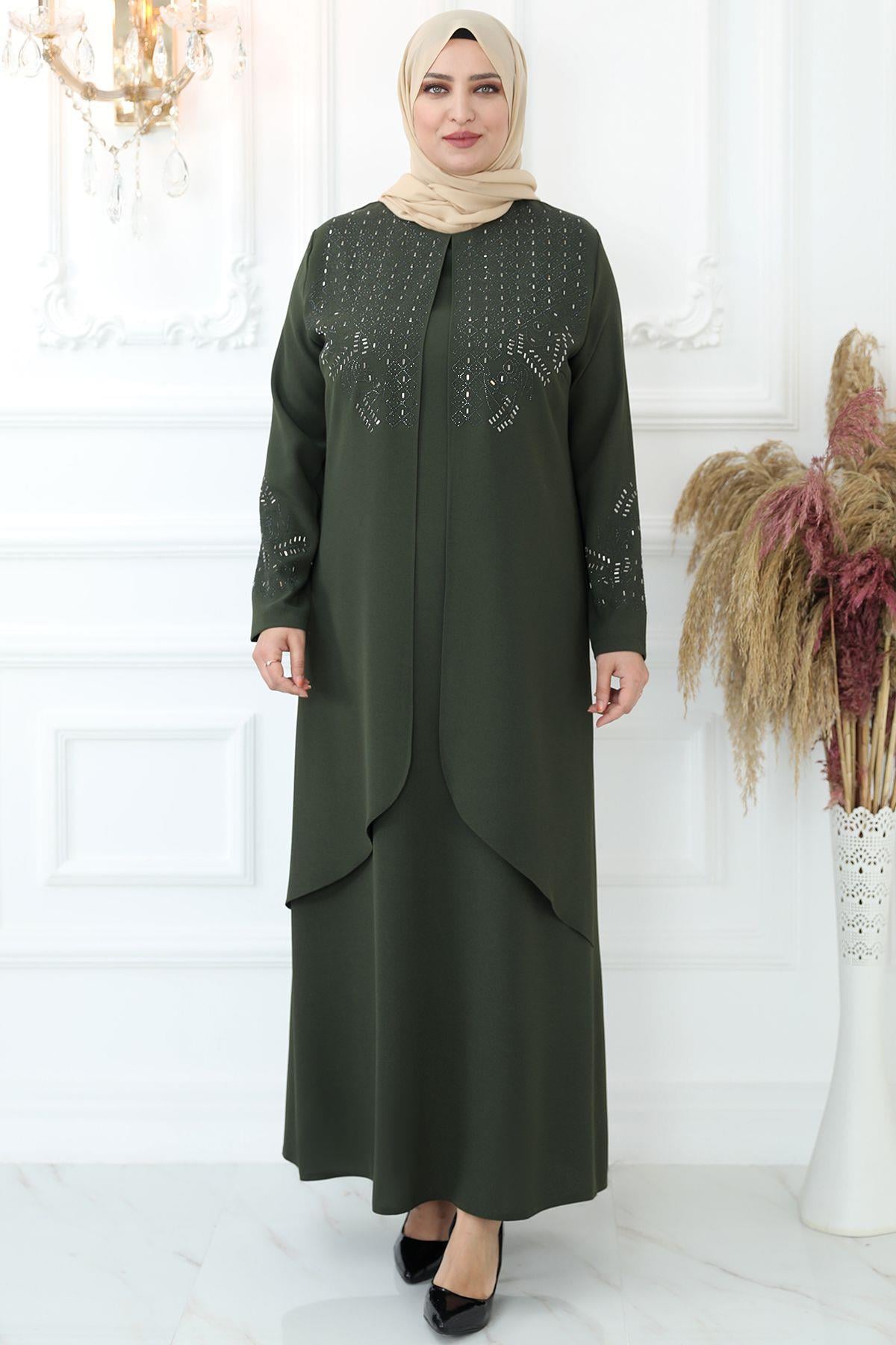 Stone Print Detail Evening Dress Khaki AMH792AMH792-HAKİAmine Hüma