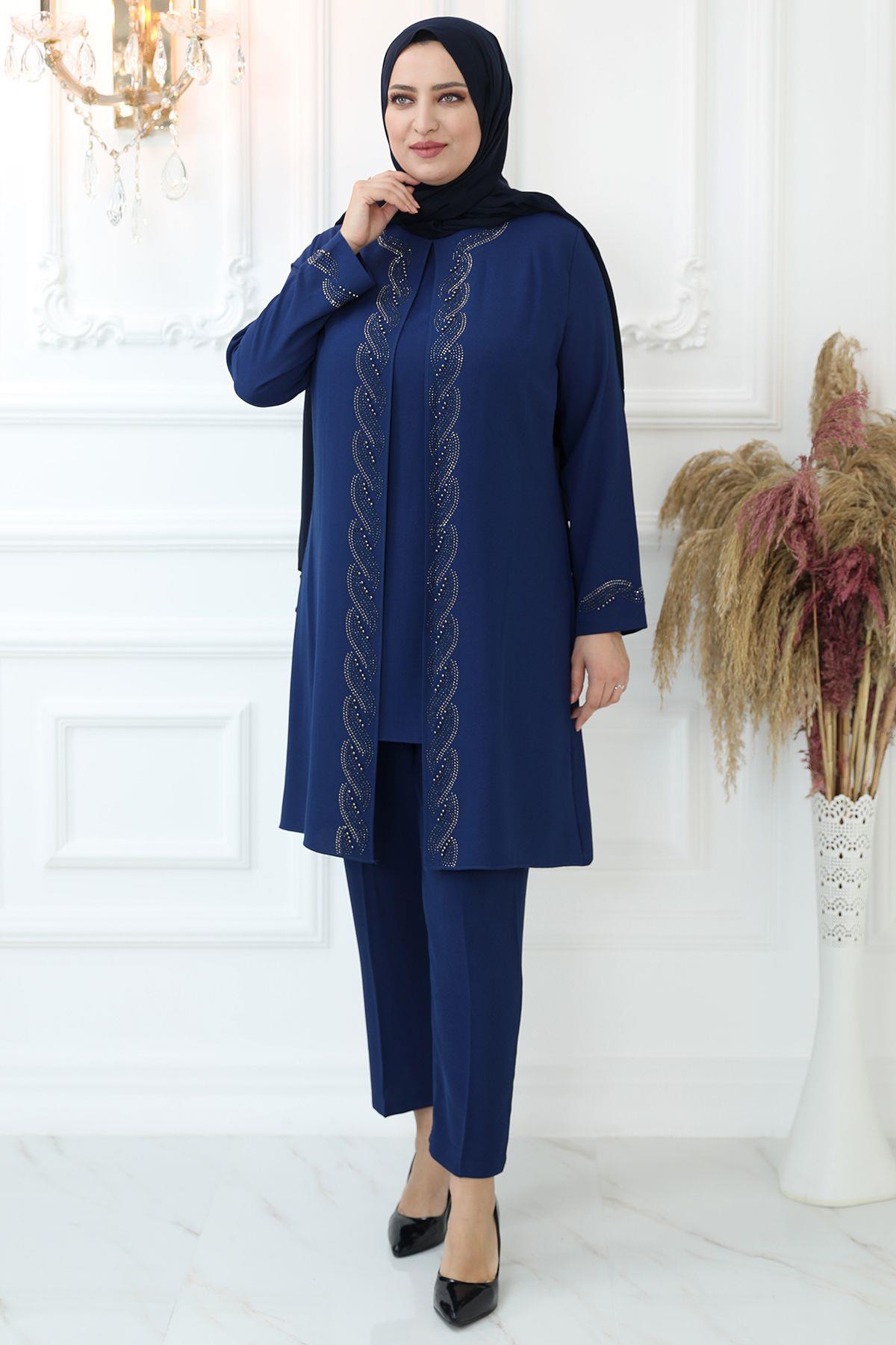 Belted Frilly Evening Dress Indigo AMH810AMH810-İNDİGOAmine Hüma