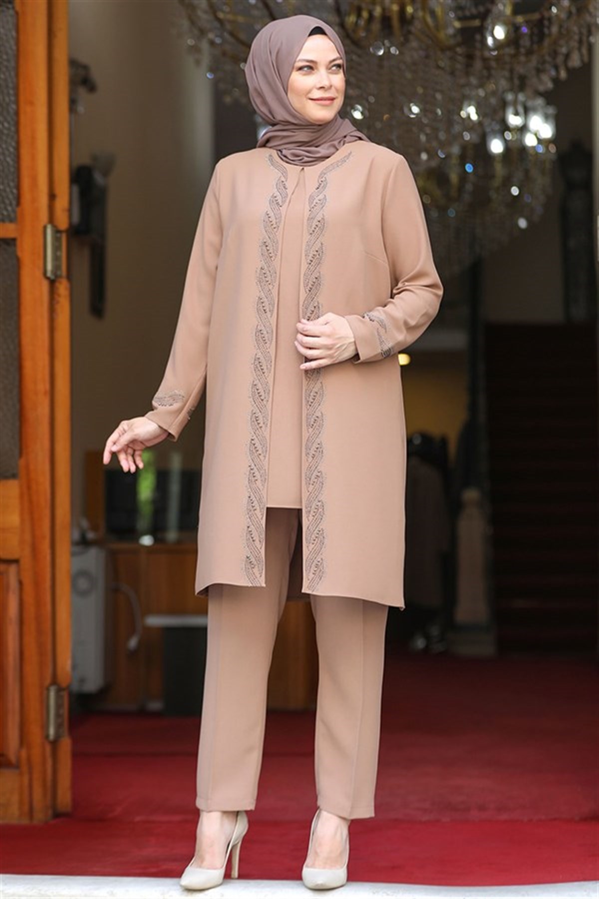 Stone Embroidered Double Suit Beıge AMH810AMH810-VİZONAmine Hüma
