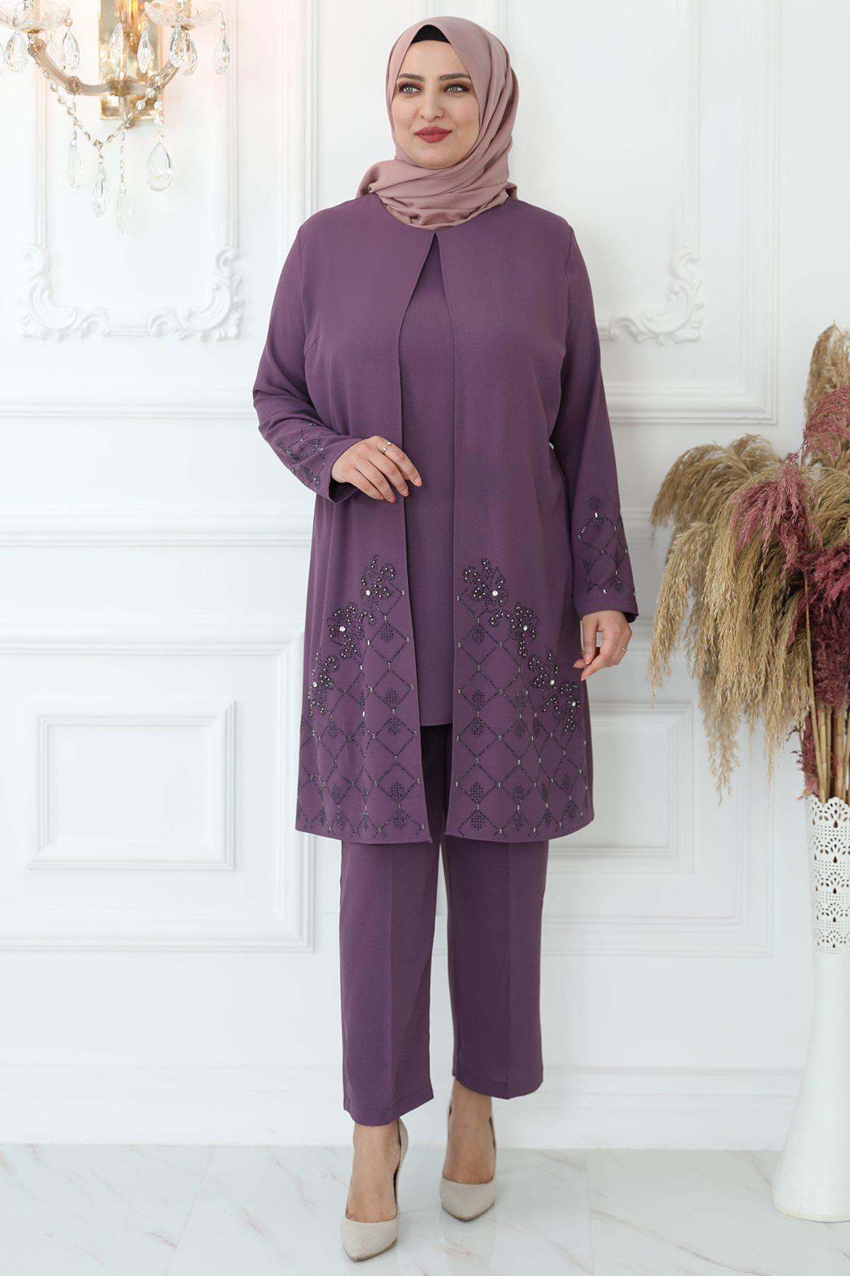 Stone Embroidered Double Suit Violet AMH812AMH812-VİOLETAmine Hüma