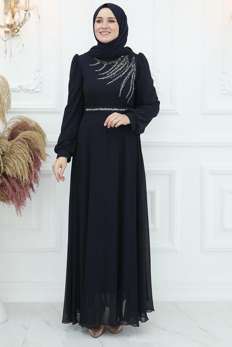 Chiffon Evening Dress Dark Blue AMH926AMH926-LACİVERTAmine Hüma