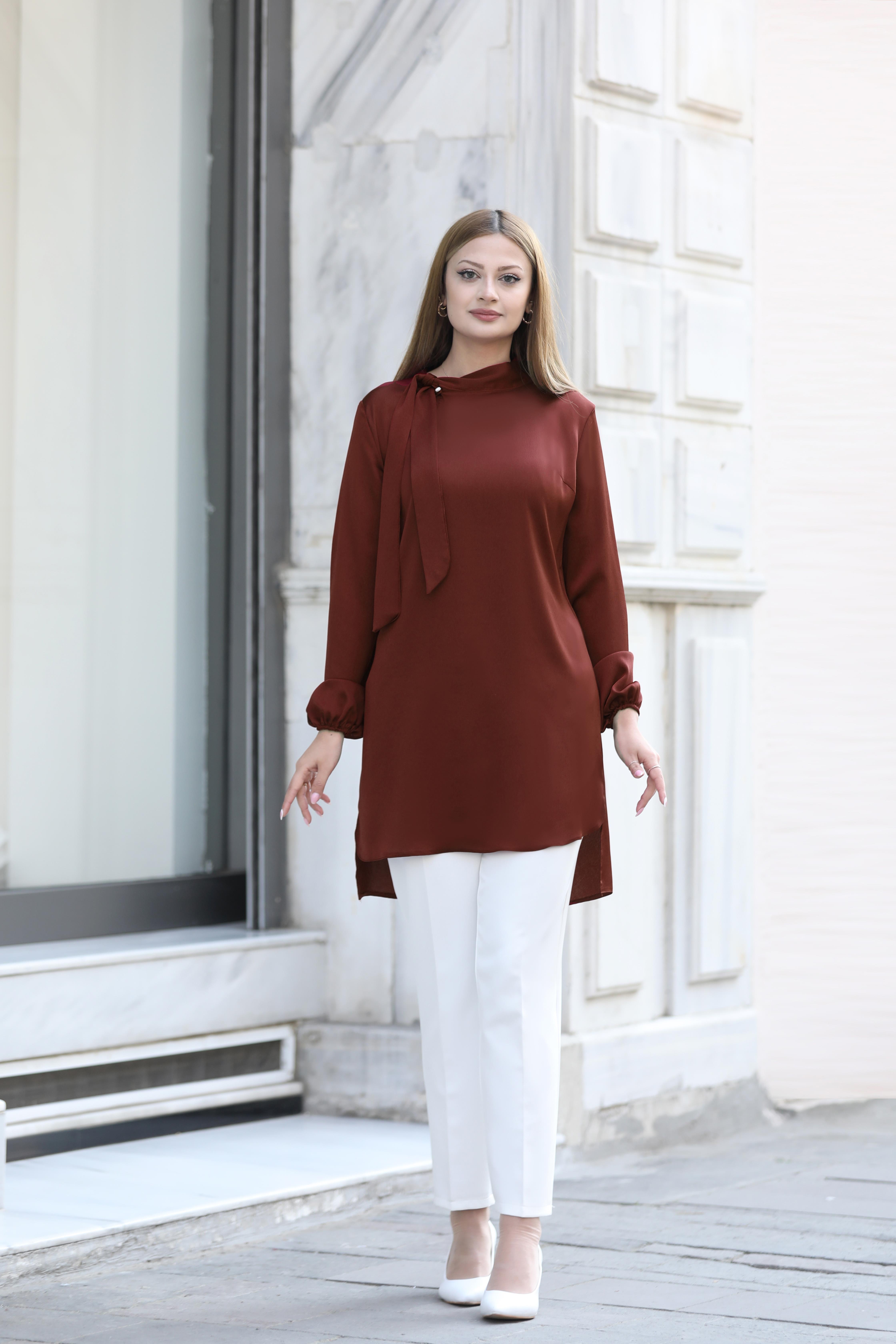 Tunique Détail Col Marron ANR30ANR30-KAHVERENGİAhunur Moda