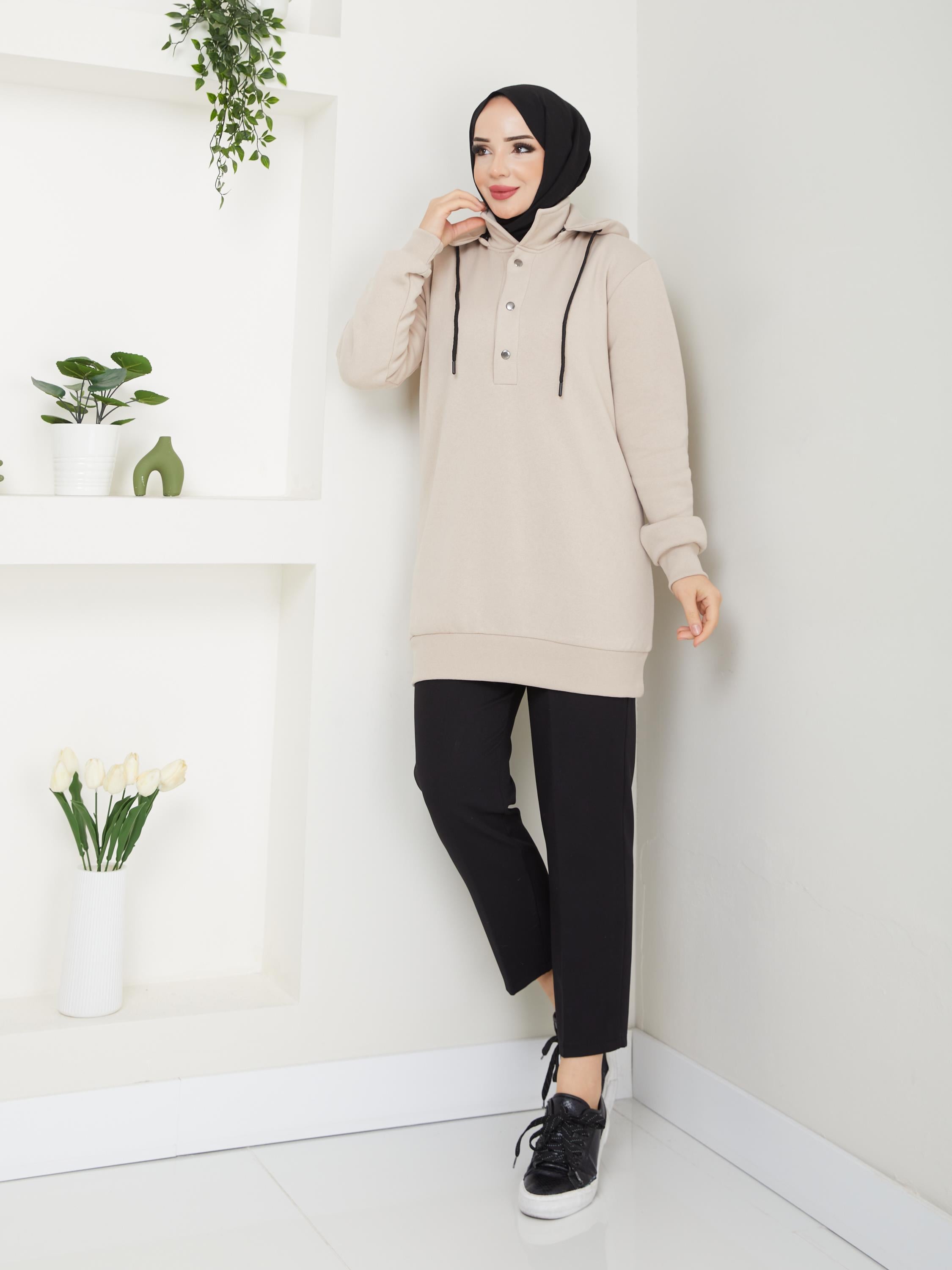 Sweat à Capuche Amovible Taupe ANR42ANR42-BEJAhunur Moda