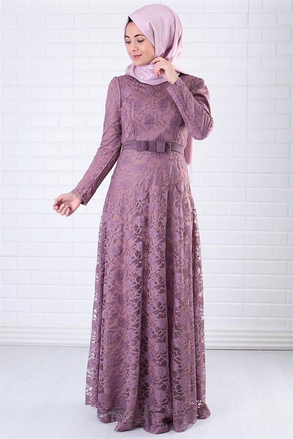 Dress - Lace - Full Lined - High Collar - Lilac - FHM396