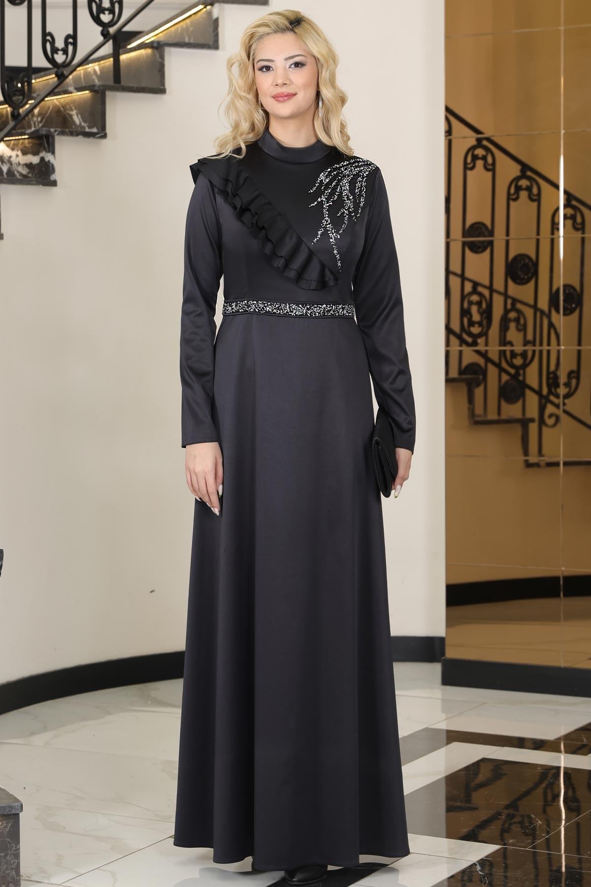 ADA SATEN TAŞLI ABİYE ELBİSEELB72-SİYAHElben