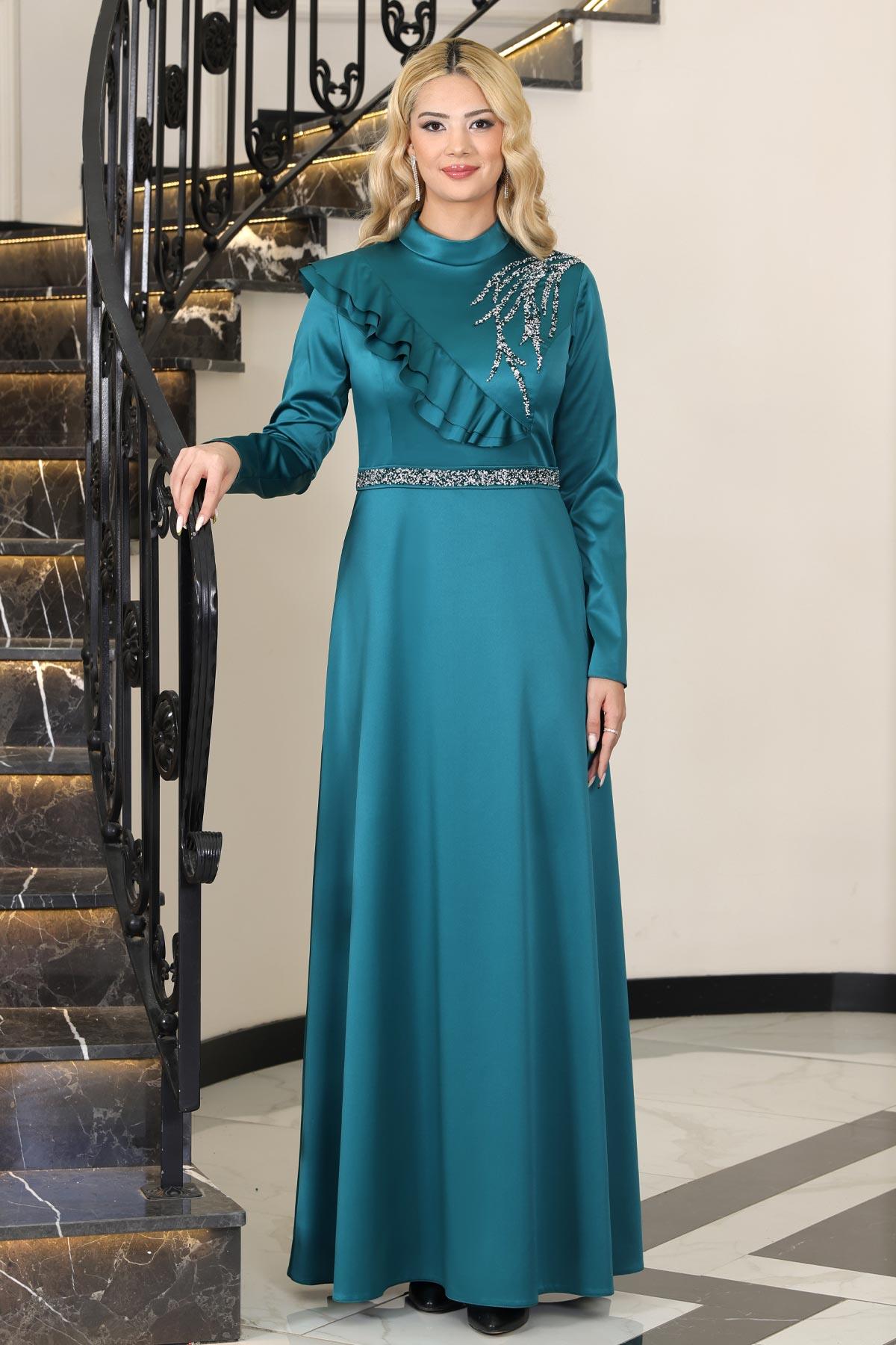 ADA SATEN TAŞLI ABİYE ELBİSEELB72-ZÜMRÜTElben
