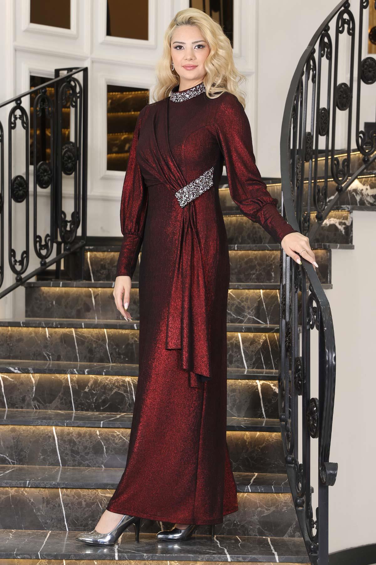 AÇELYA SARKAÇLI TAŞLI ABİYE ELBİSEELB74-BORDOElben