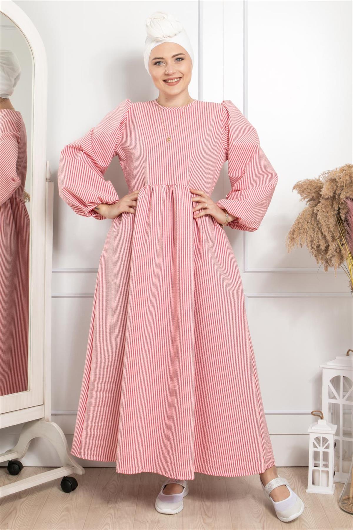 BALON KOLLU ÇİZGİLİ ELBİSEETH01-KIRMIZIetha