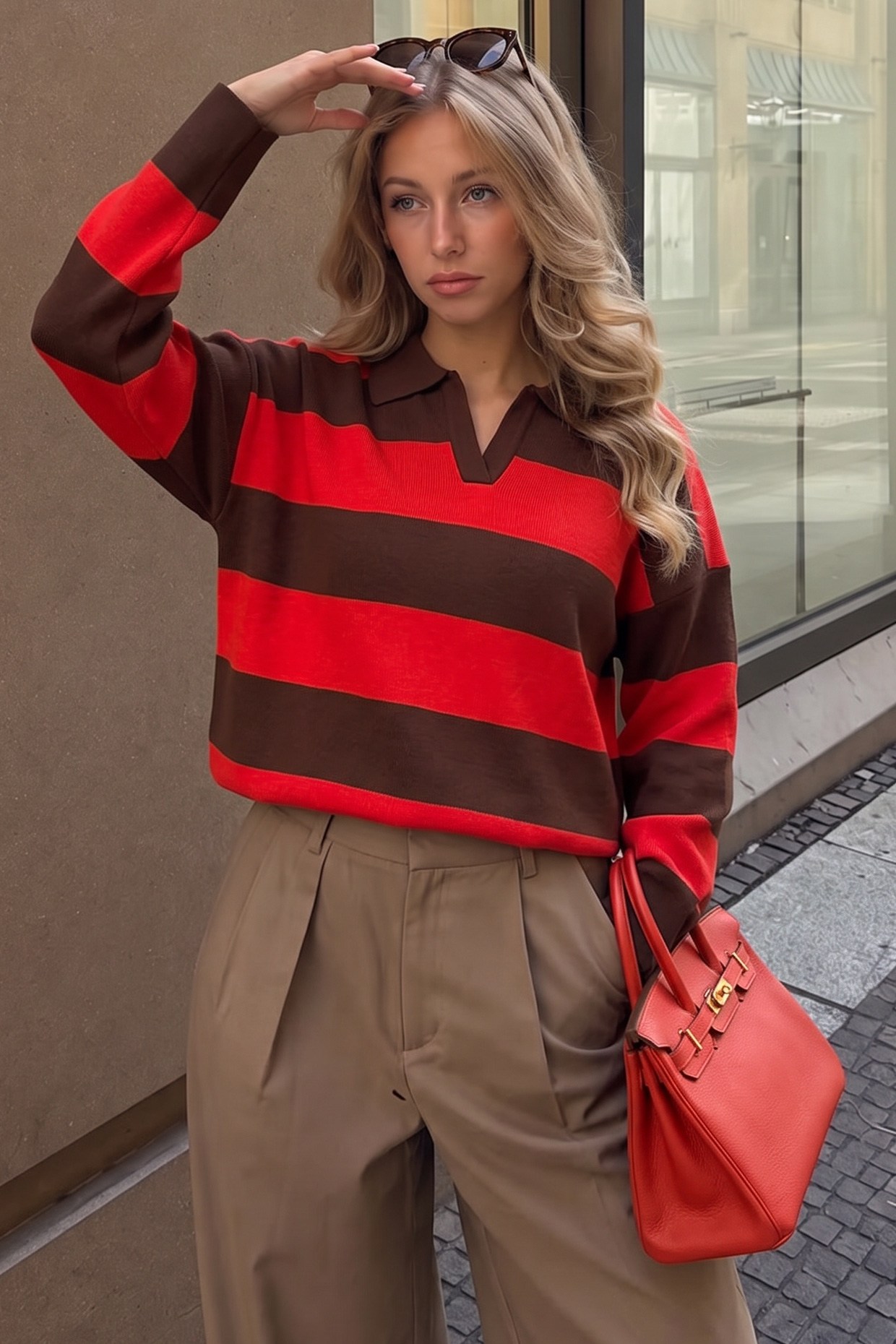 Çizgili Oversize Polo Yaka Triko Kazak Kırmızı FHM4449FHM4449-KIRMIZIFahima