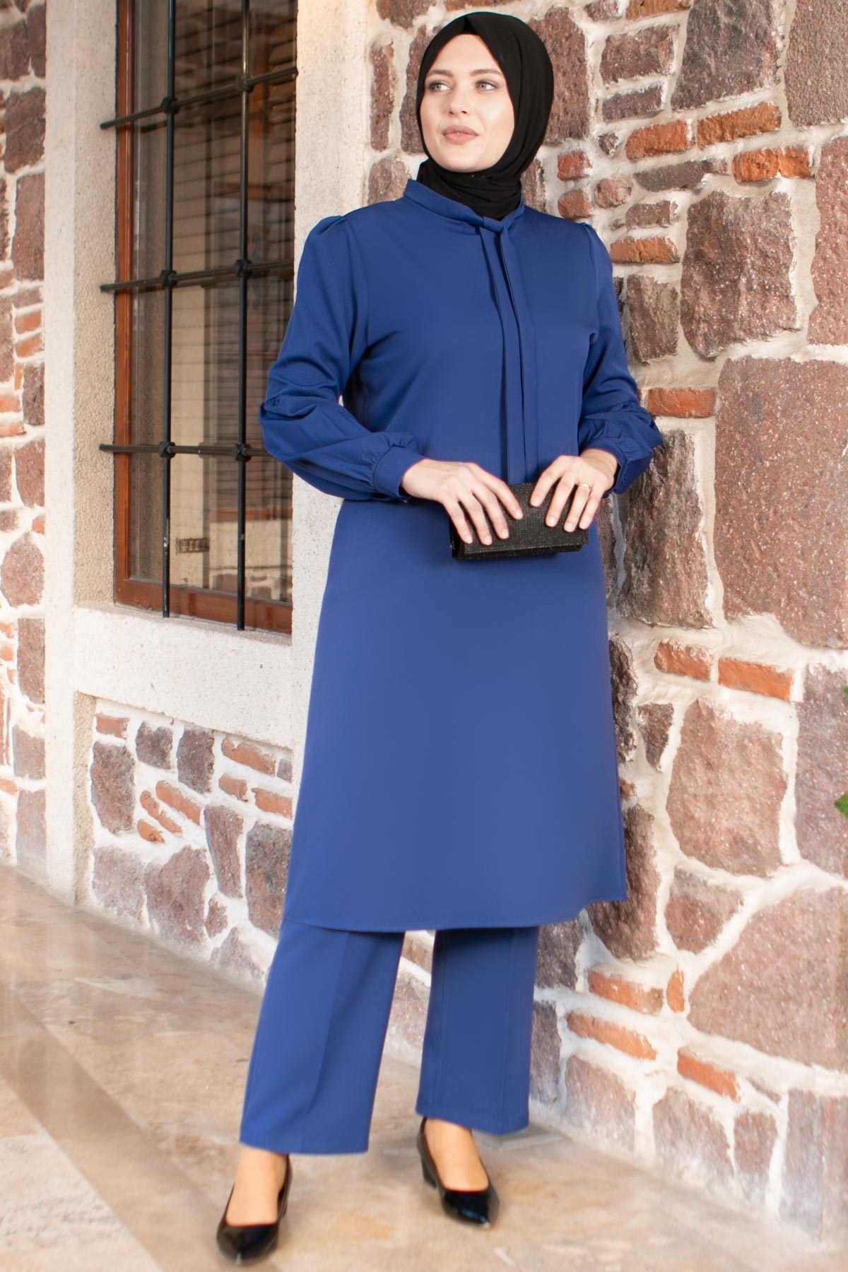 Tunic - Pants - 2 Piece Suit - Crepe - Unlined - Crew Neck - Indigo Blue - FHM492FHM492-İNDİGOFahima