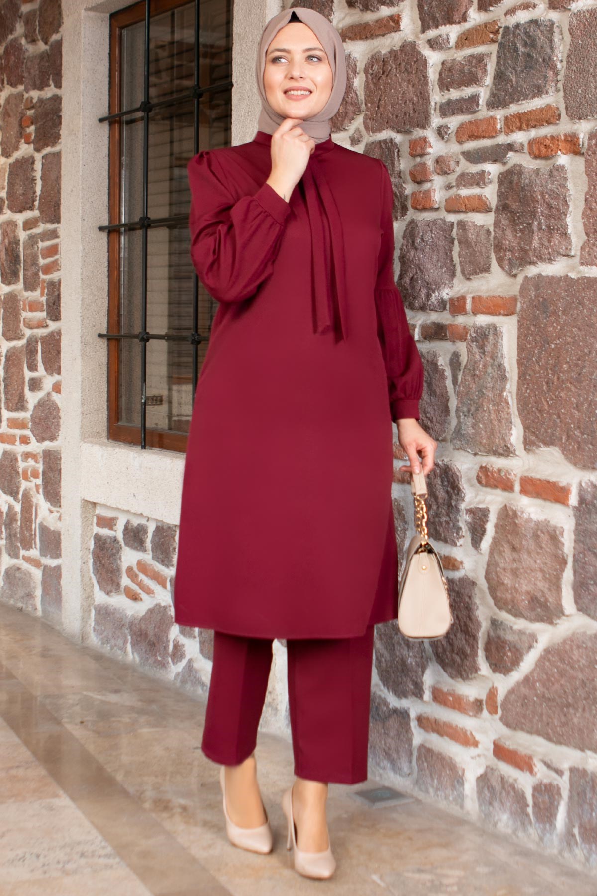 Tunic - Pants - 2 Piece Suit - Crepe - Unlined - Crew Neck - Plum - FHM492FHM492-MÜRDÜMFahima