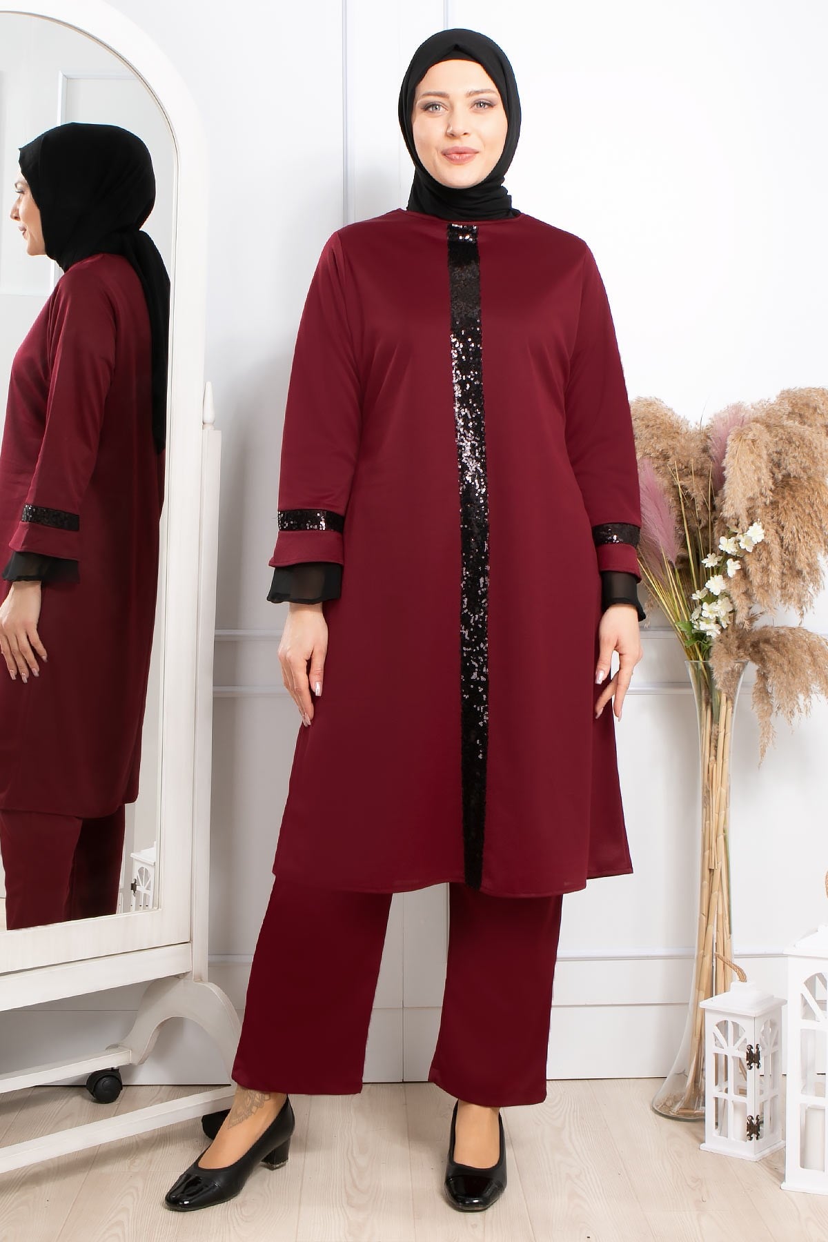 Tunic - Pants - Poly Cotton - Unlined - Crew Neck - Plum - FHM529FHM529-MÜRDÜMFahima