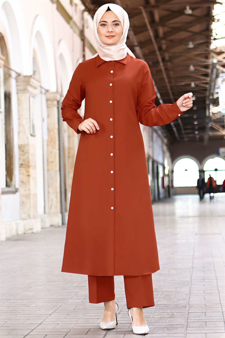 Tunic - Pants - 2 Piece Suit - Crepe - Unlined - Crew Neck - Brick - FHM592