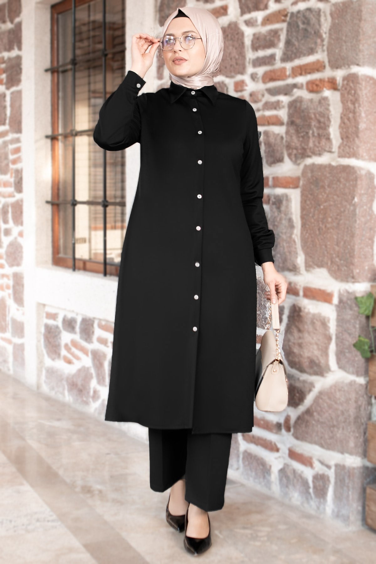 Tunic - Pants - 2 Piece Suit - Crepe - Unlined - Crew Neck - Black - FHM592FHM592-SİYAHFahima