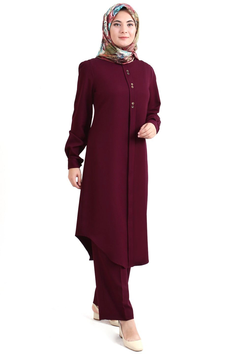 Tunika - Hose - 2'er Set - Krepp - Ohne Innenfutter - Rundhalsausschnitt - Pflaume - FHM610