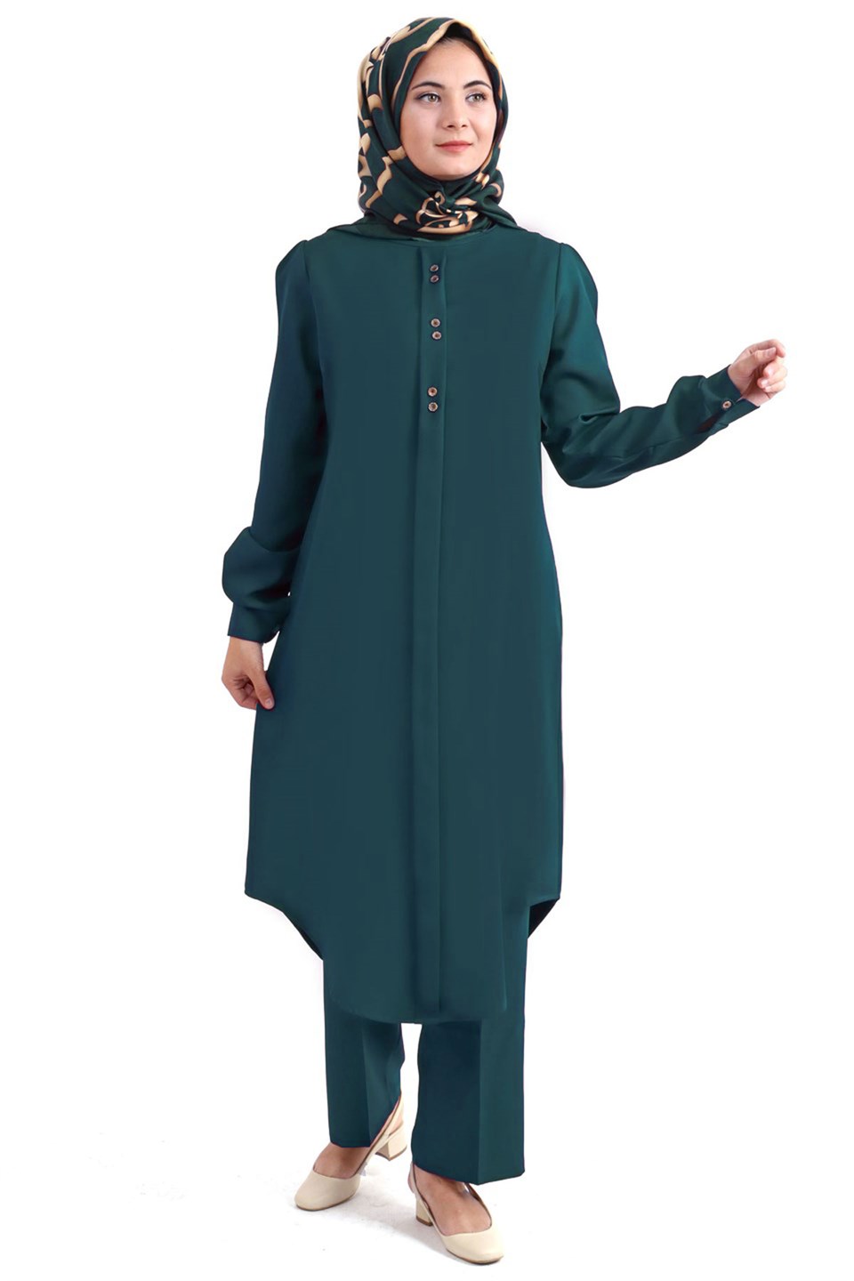 Tunic - Pants - 2 Piece Suit - Crepe - Unlined - Crew Neck - Petrol - FHM610