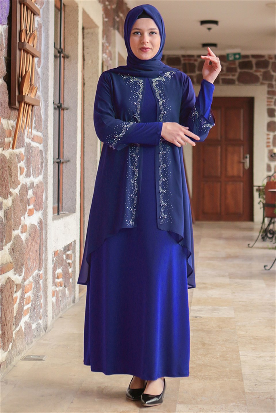 Dress - Lycra - Unlined - Crew Neck - Royal Blue - FHM628