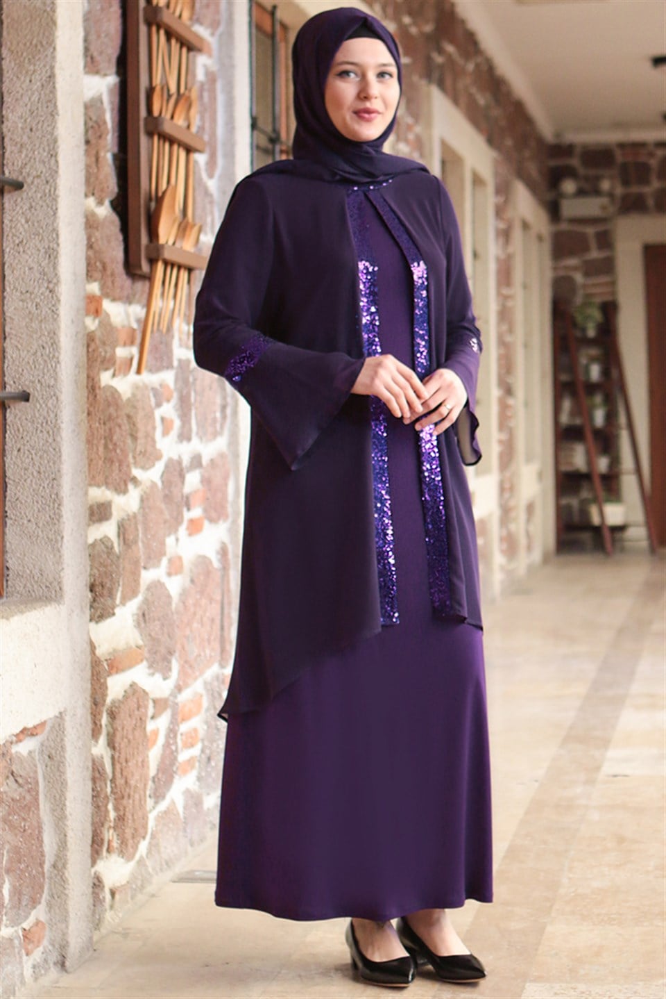 Dress - Lycra - Unlined - Crew Neck - Purple - FHM638