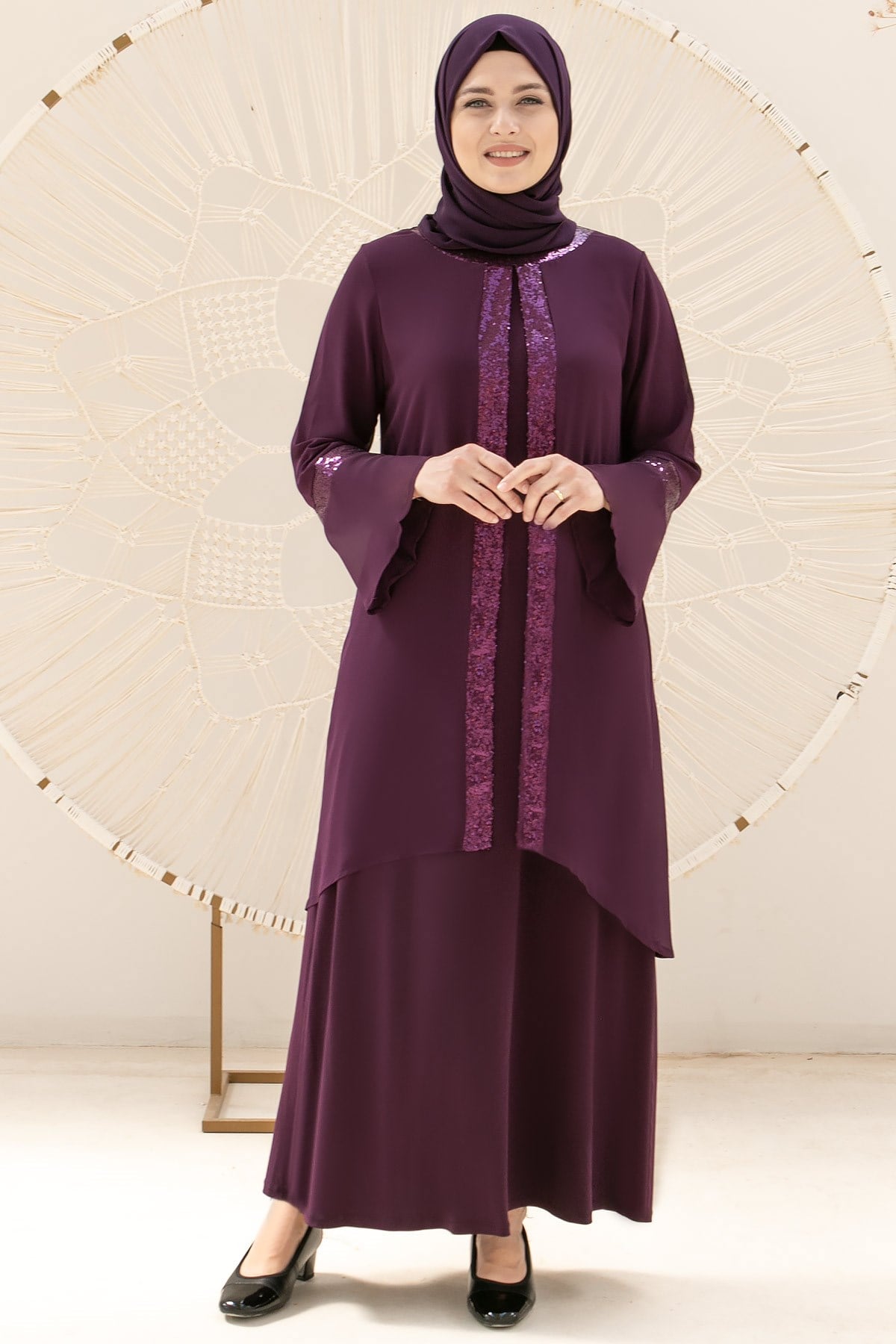 Robe de soirée - Élasthanne - Mousseline de Soie - Sans Doublure - Ras du Cou - Couleur Prune - FHM638FHM638-MÜRDÜMFahima