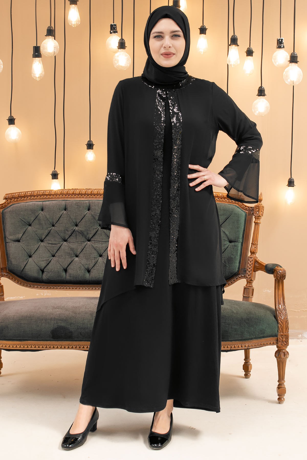 Robe de soirée - Élasthanne - Mousseline de Soie - Sans Doublure - Ras du Cou - Noir - FHM638FHM638-SİYAHFahima