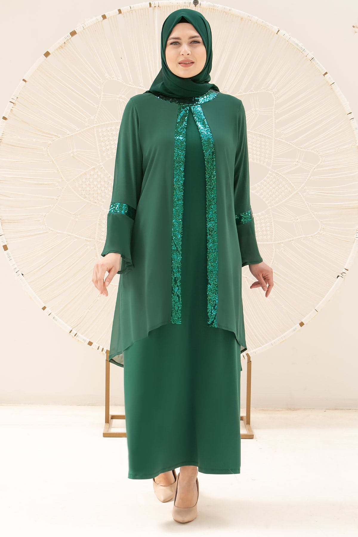 Robe de soirée - Élasthanne - Mousseline de Soie - Sans Doublure - Ras du Cou - Vert Emeraude - FHM638FHM638-ZÜMRÜTFahima