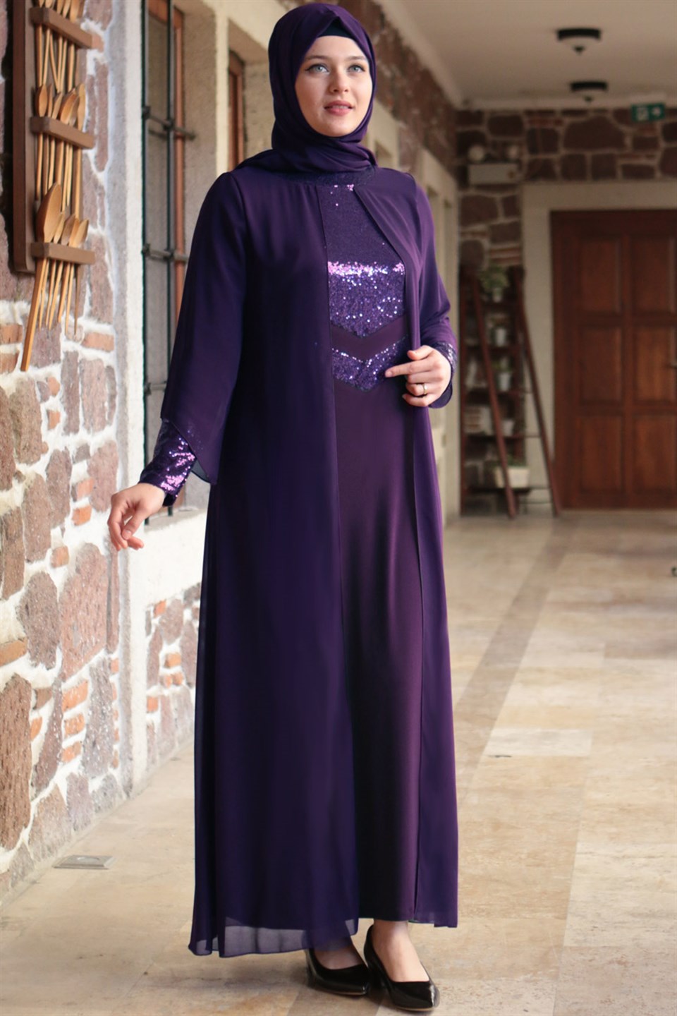 Dress - Lycra - Unlined - Crew Neck - Purple - FHM640