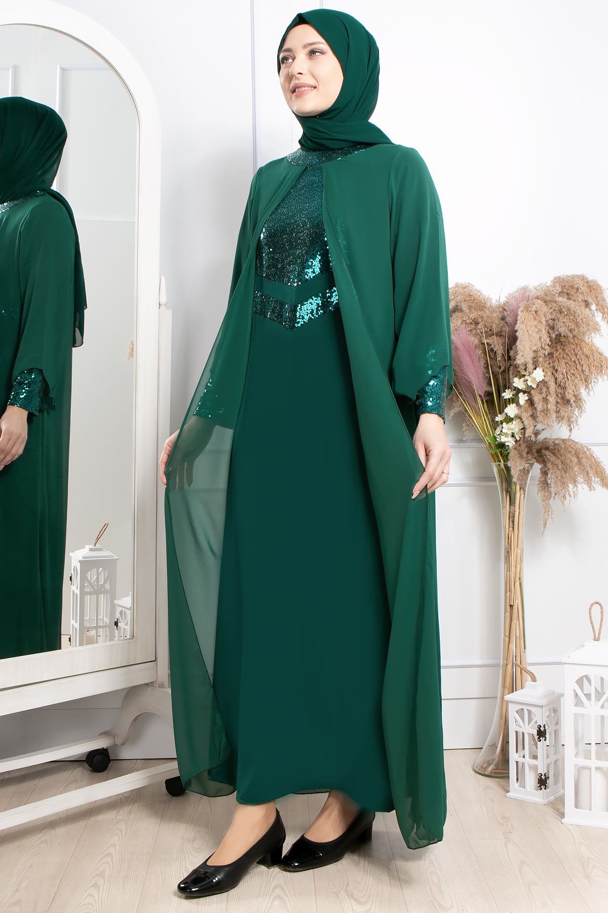 Dress - Lycra - Unlined - Crew Neck - Emerald Green - FHM640FHM640-ZÜMRÜTFahima