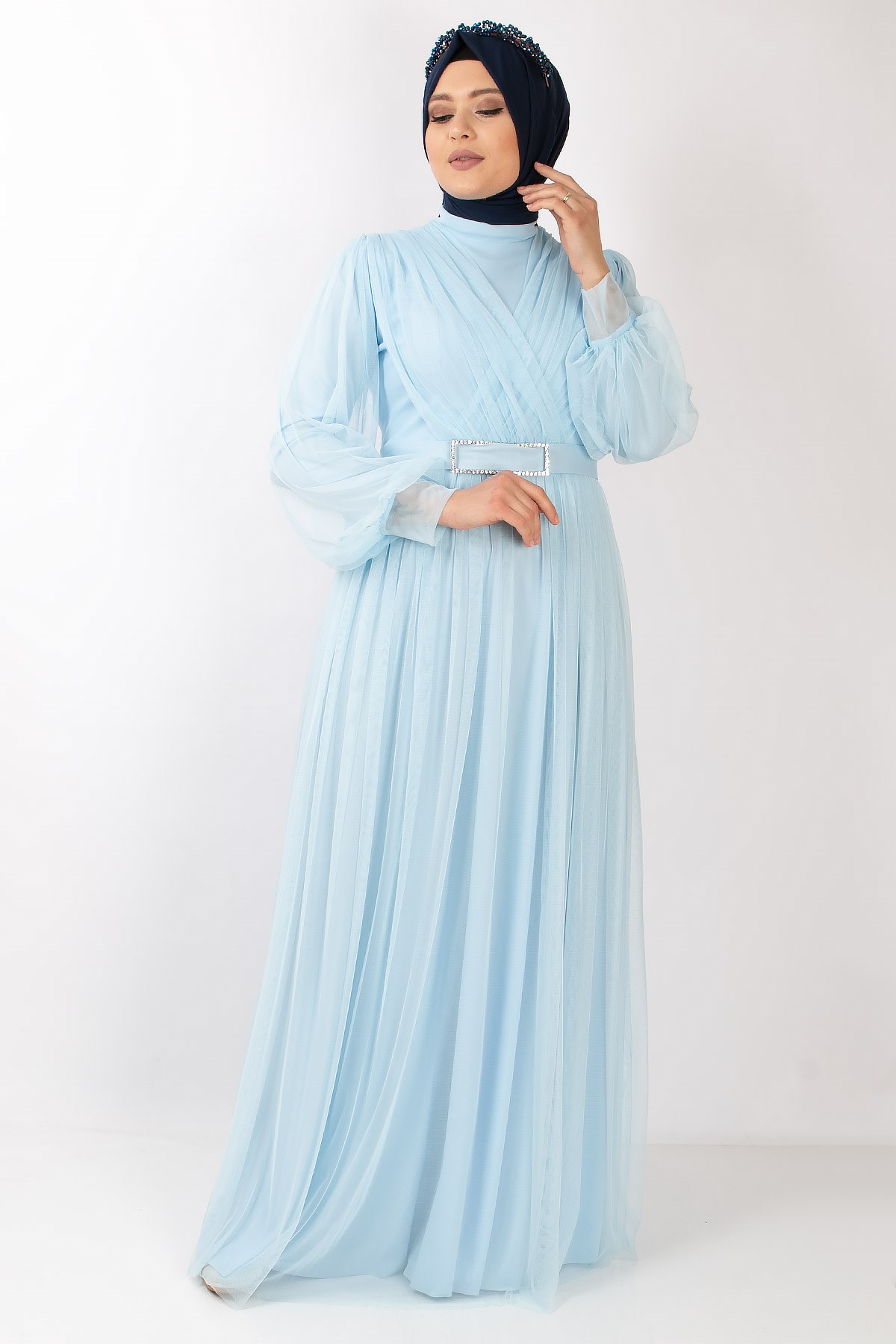Tulle Detailed Evening Dress Baby Blue  FHM777