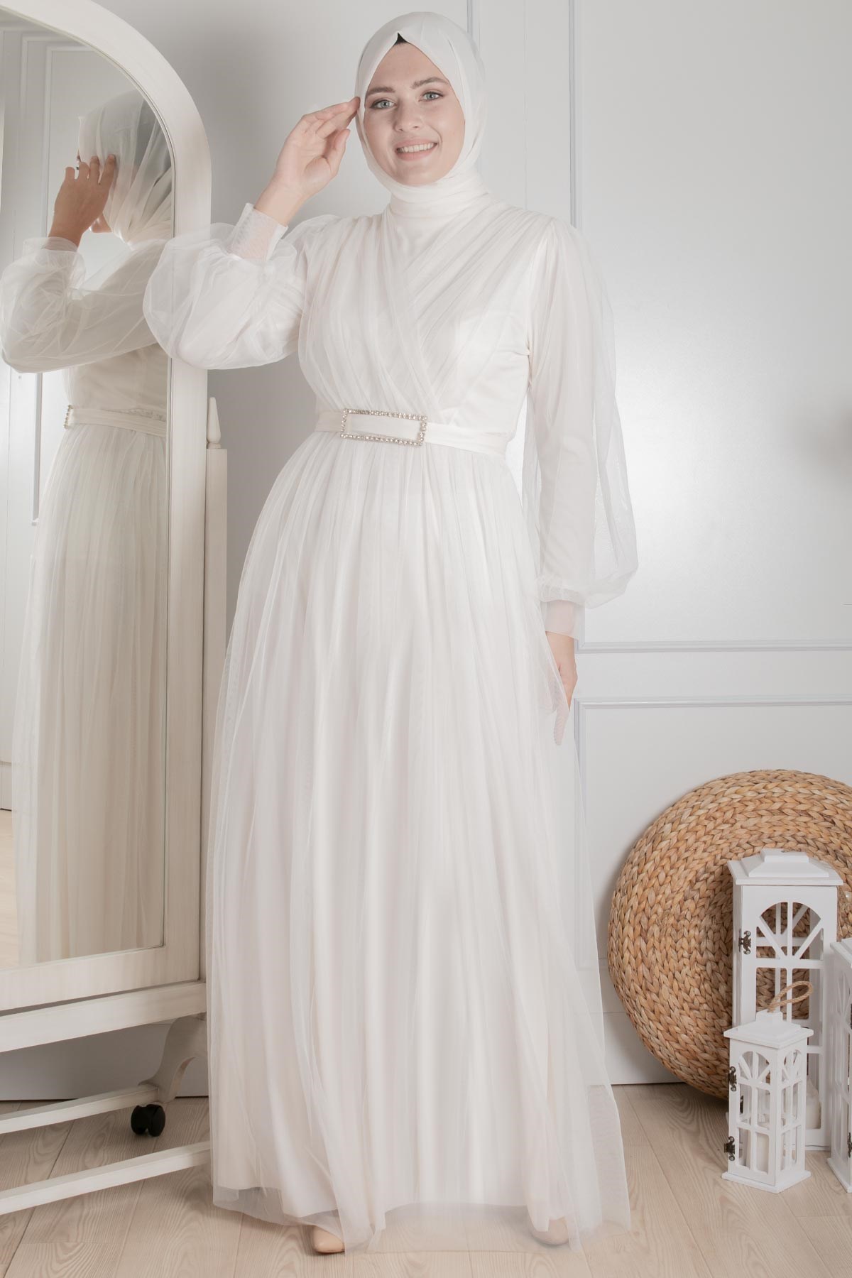 Tulle Detailed Evening Dress Ecru FHM777FHM777-EKRUFahima