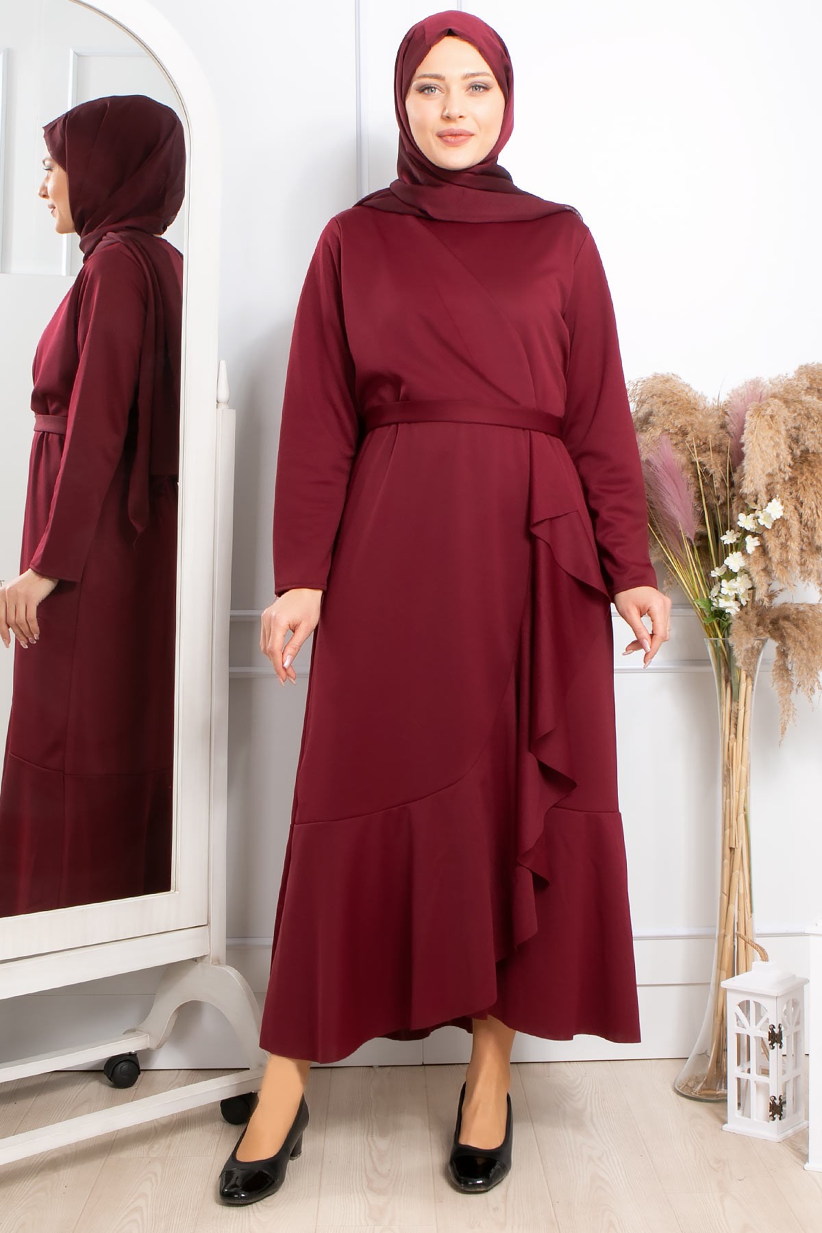 Frill Detailed Veiling Dress Plum FHM802FHM802-MÜRDÜMFahima