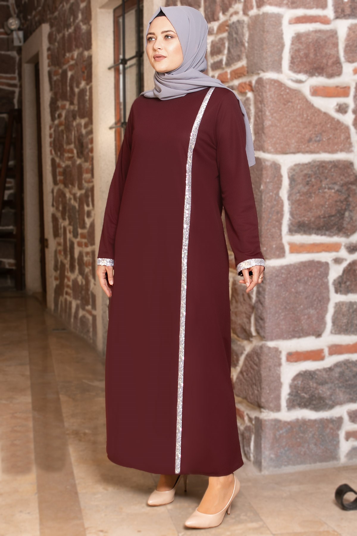 Sequin Striped Dress Plum FHM808FHM808-MÜRDÜMFahima