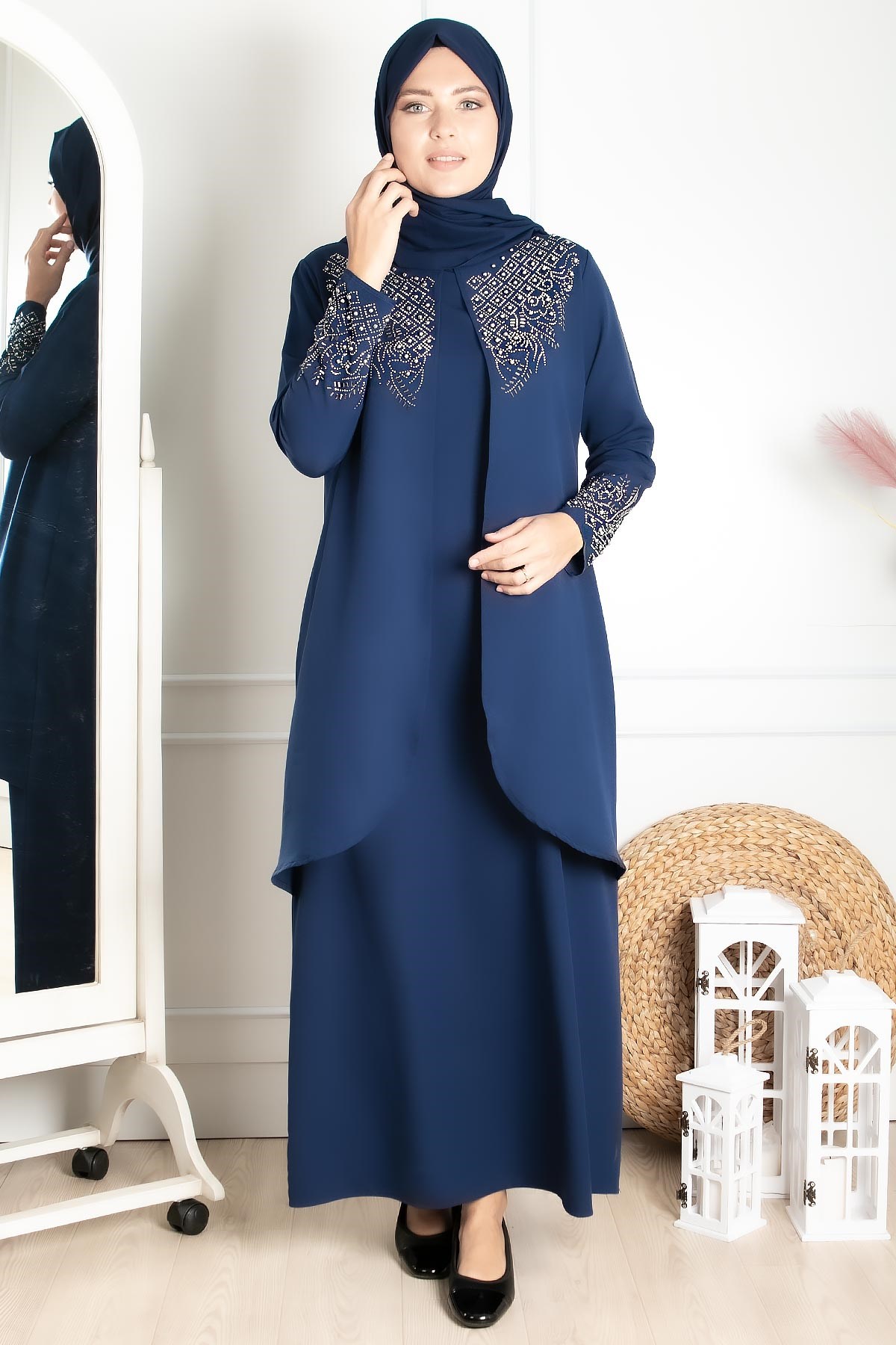 Stone Embroidered Detailed Evening Dress Dark Blue FHM818FHM818-LACİVERTFahima
