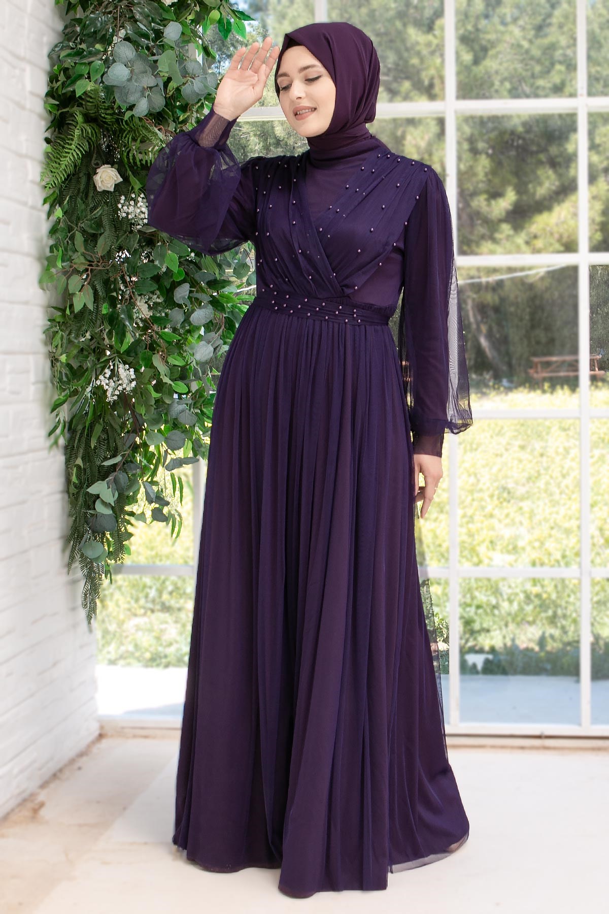 Robe de soirée en tulle avec pierre perlée Pourpre FHM830FHM830-MORFahima