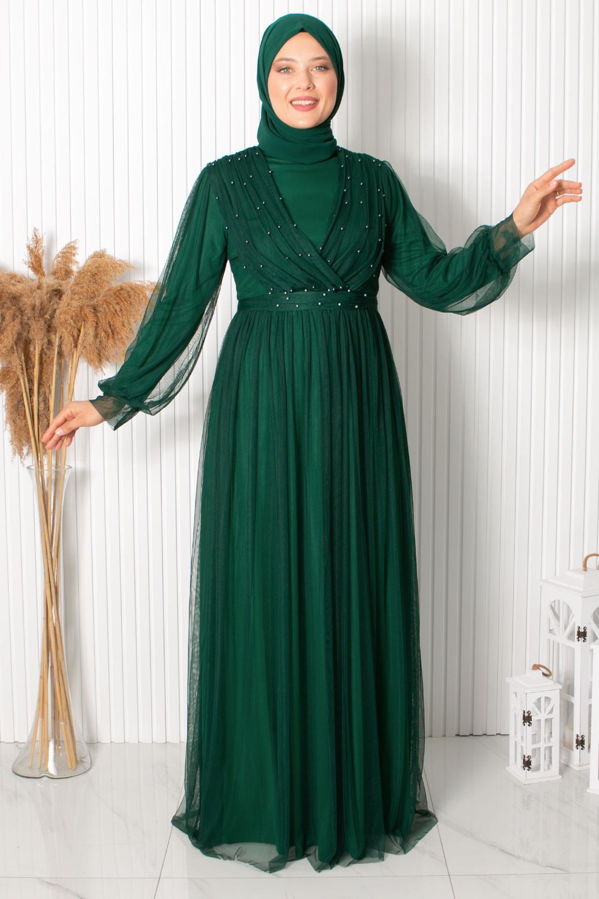 Pearl Stone Detailed Tulle Evening Dress Emerald FHM830FHM830-ZÜMRÜTFahima