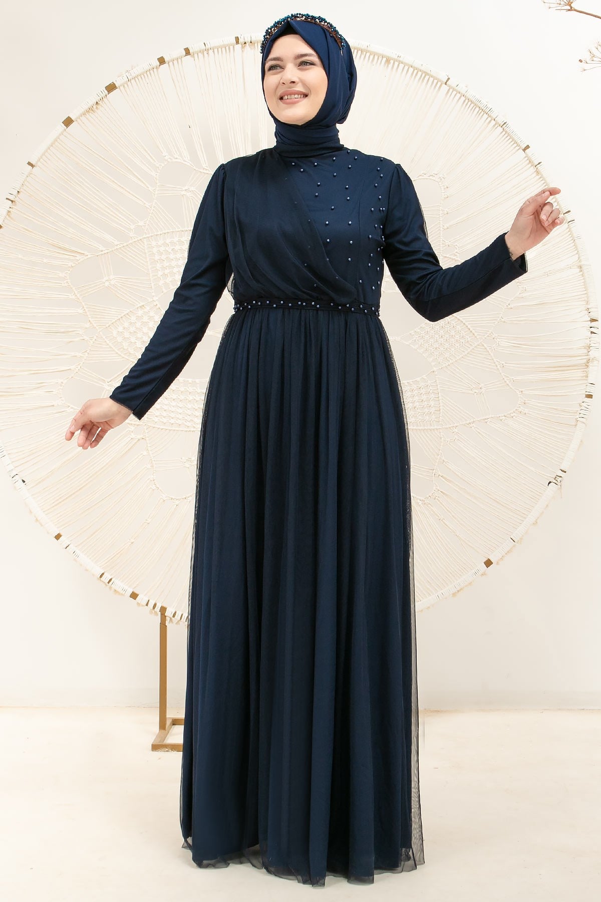 Perle Détaillée Robe De Soirée En Tulle Cintrée Robe Bleu Marin FHM831FHM831-LACİVERTFahima