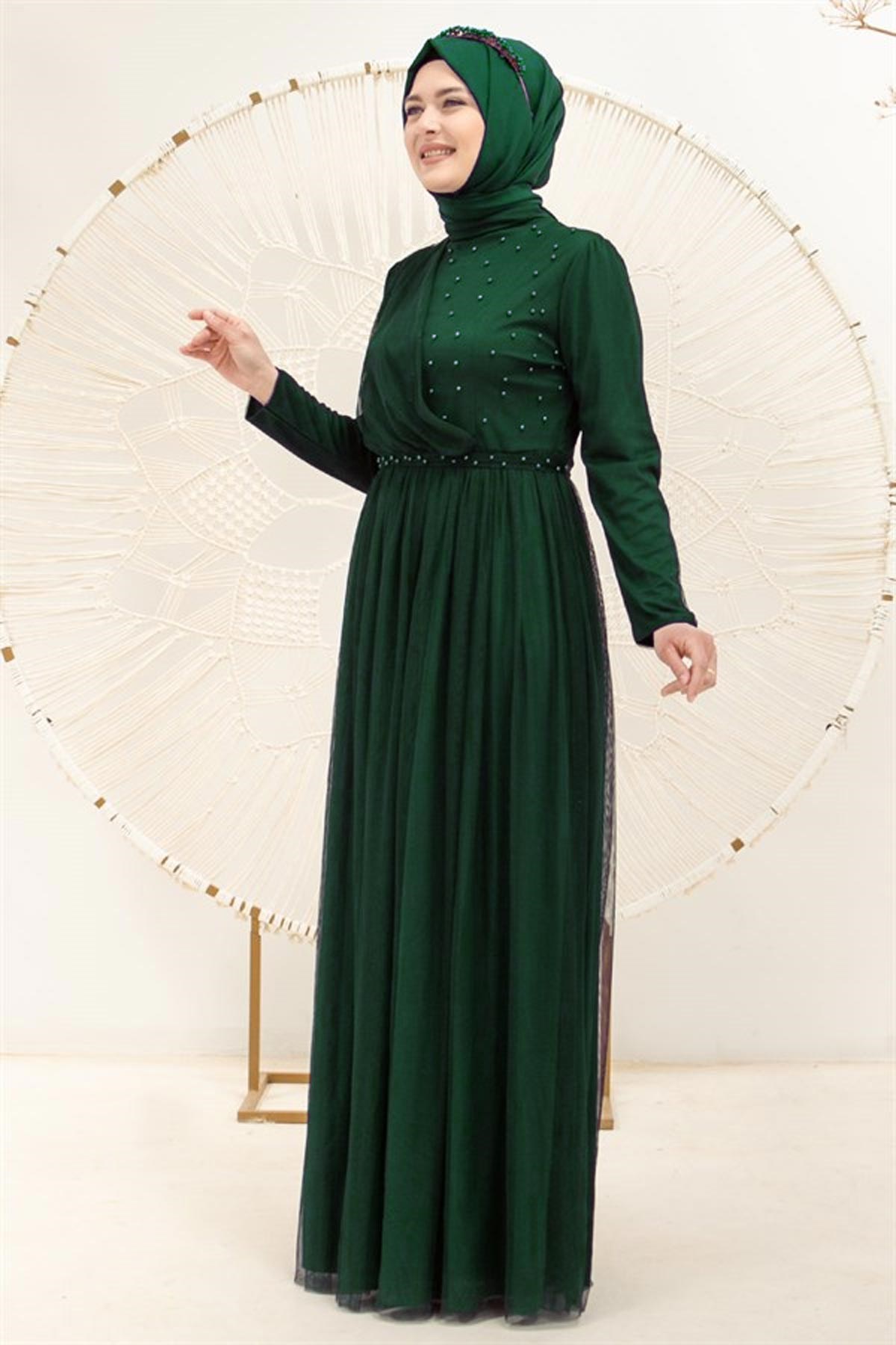 Perle Détaillée Robe De Soirée En Tulle Cintrée Robe émeraude FHM831FHM831-ZÜMRÜTFahima