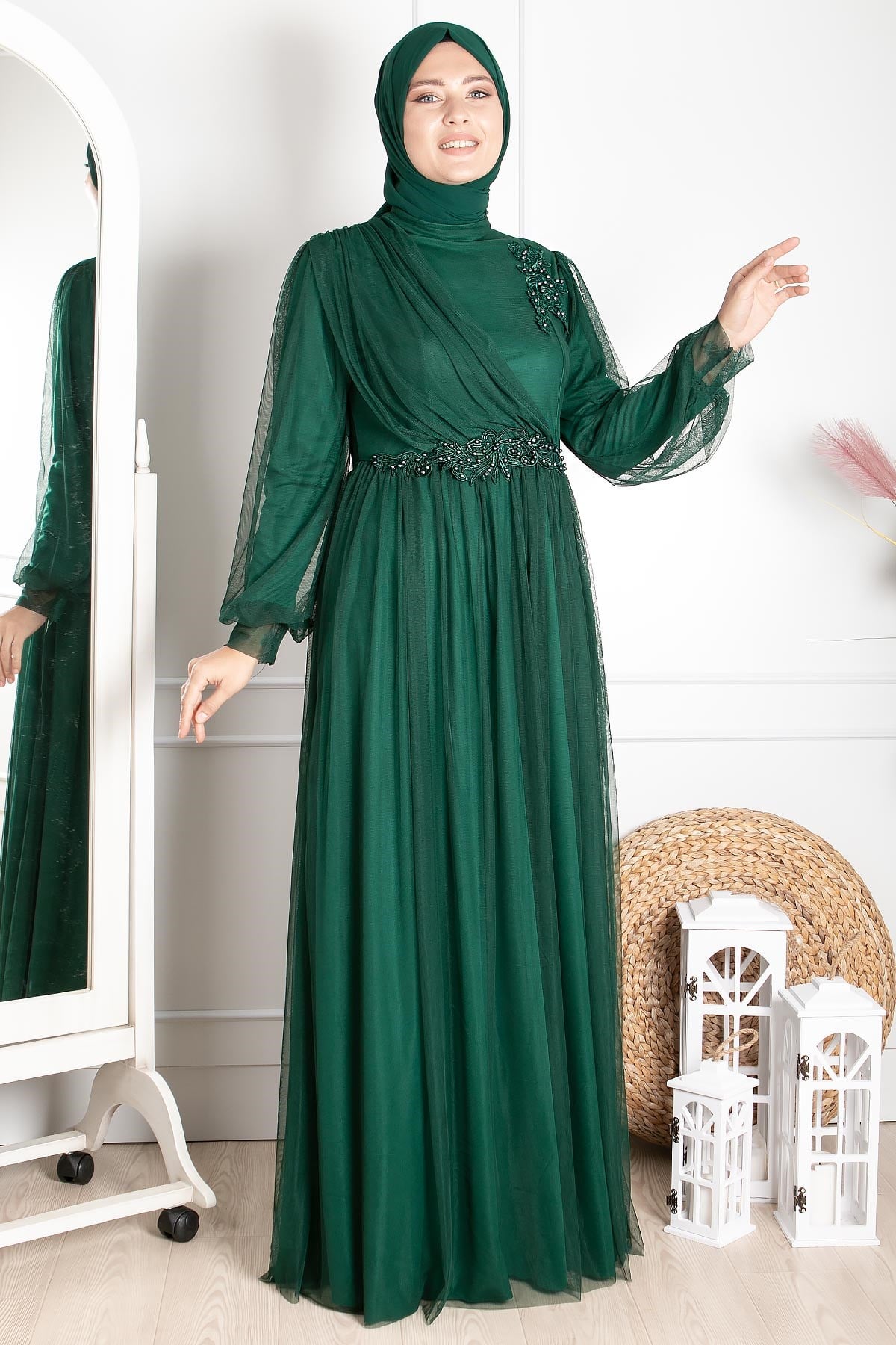 Tulle Evening Dresses with Guipure Emerald FHM844FHM844-ZÜMRÜTFahima