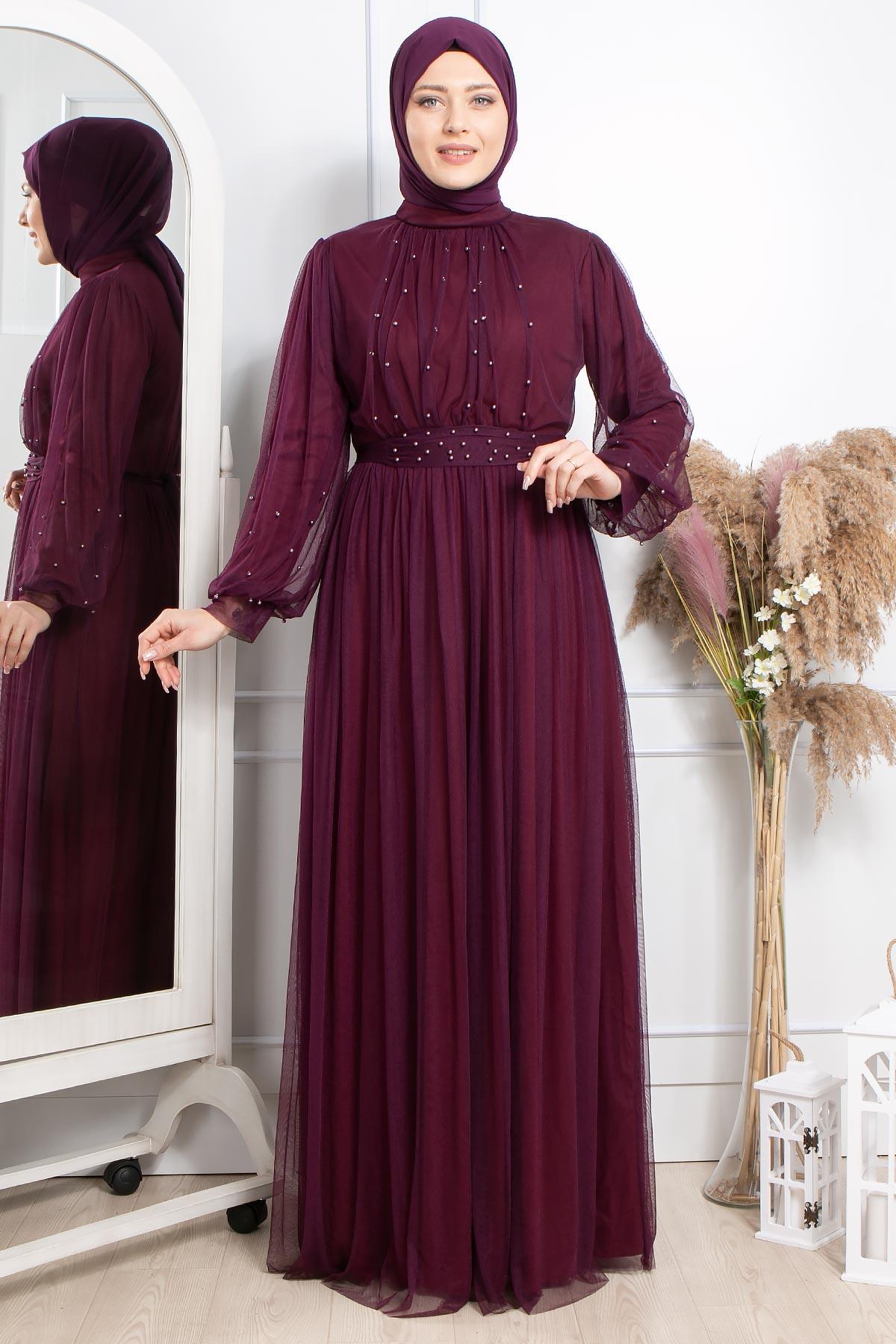 Pearl Stone Detailliertes Abendkleid aus Tüll Plum FHM846FHM846-MÜRDÜMFahima