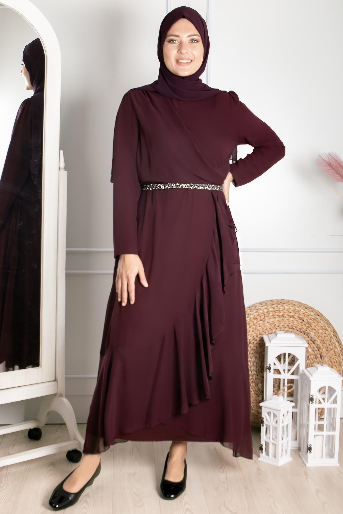 Robe de Soirée İslamique Détaillée à Volants Prune FHM850FHM850-MÜRDÜMFahima