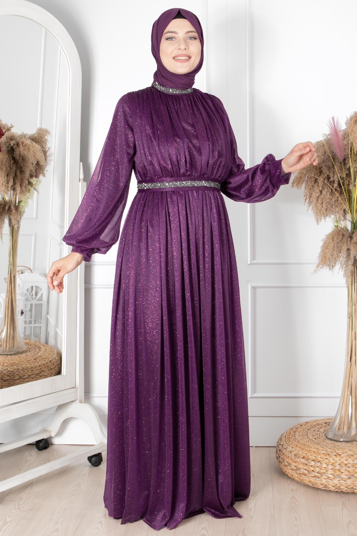 Taş İşlemeli Simli Tül Abiye Mor FHM858FHM858-MORFahima