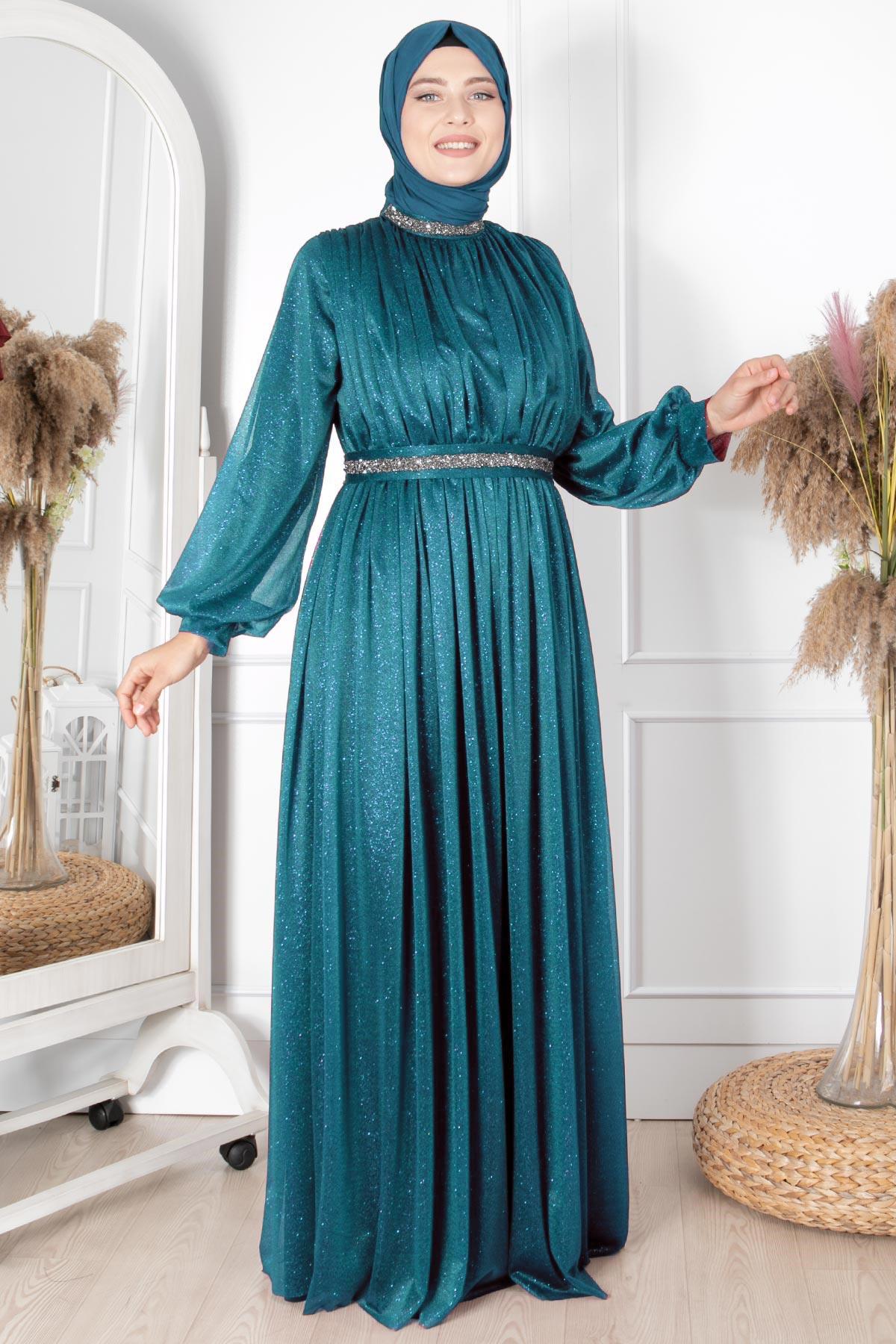 TAŞ İŞLEMELİ SİMLİ TÜL ABİYEFHM858-PETROLFahima