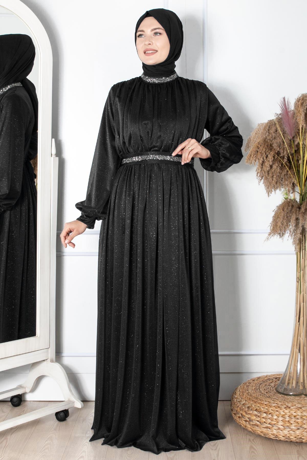 TAŞ İŞLEMELİ SİMLİ TÜL ABİYEFHM858-SİYAHFahima
